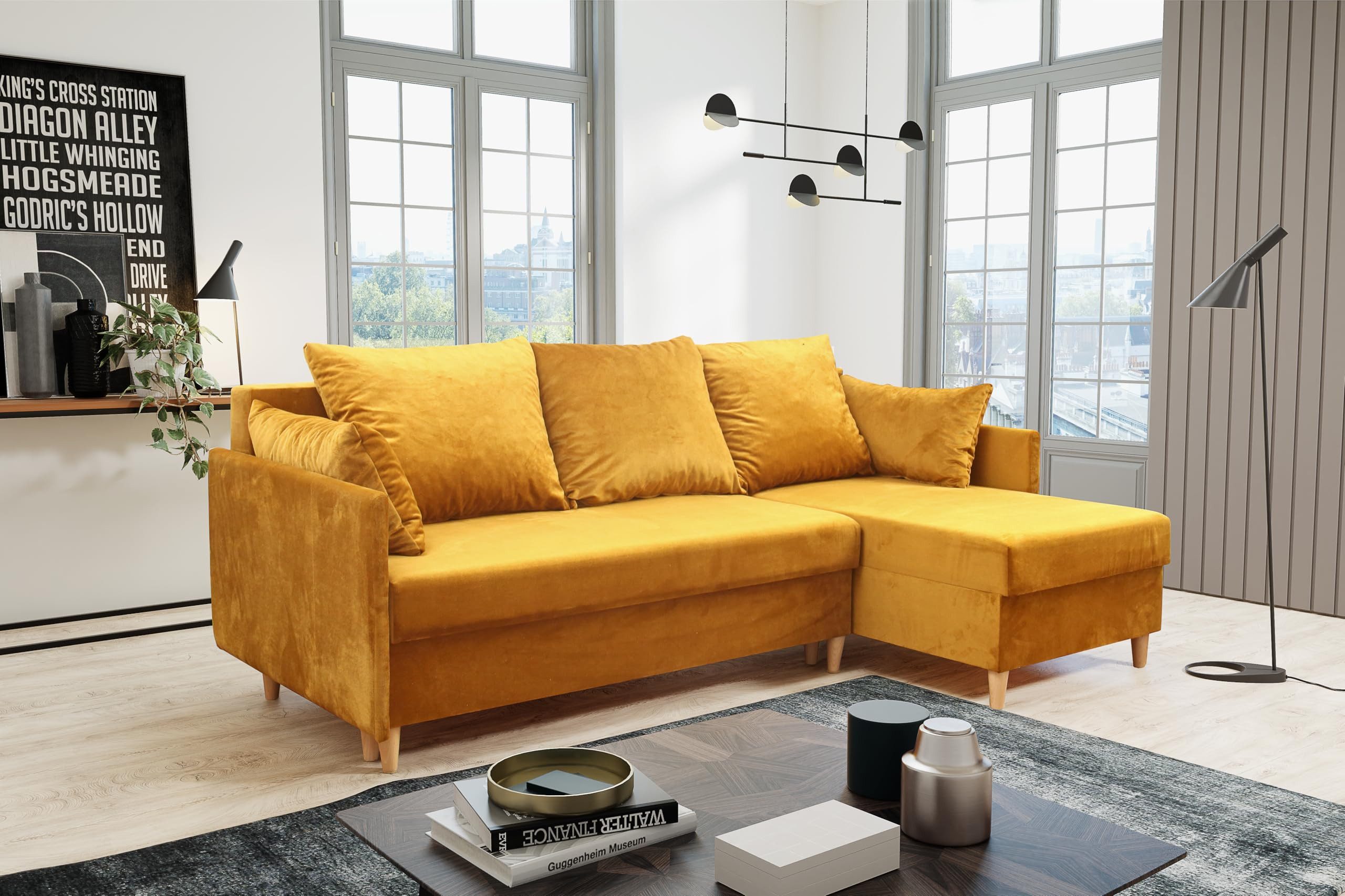 KIER FURNITURE Ecksofa 210x140 cm, Sofa mit Schlaffunktion und Bettkasten, Samt Gelb