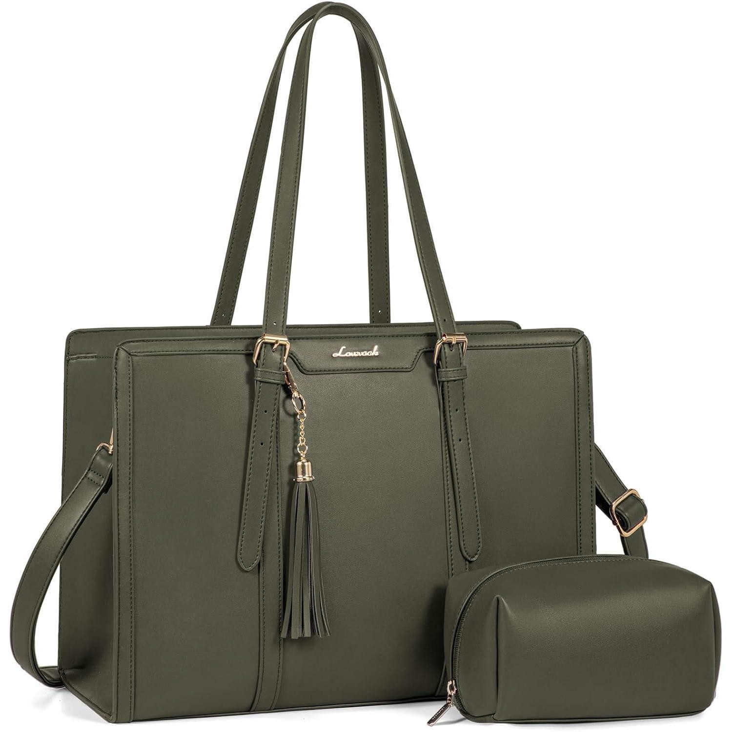LuxusKollektion Laptoptasche Laptoptasche Damen Leder Umhängetasche Aktentasche 15.6 zoll Olivgrün