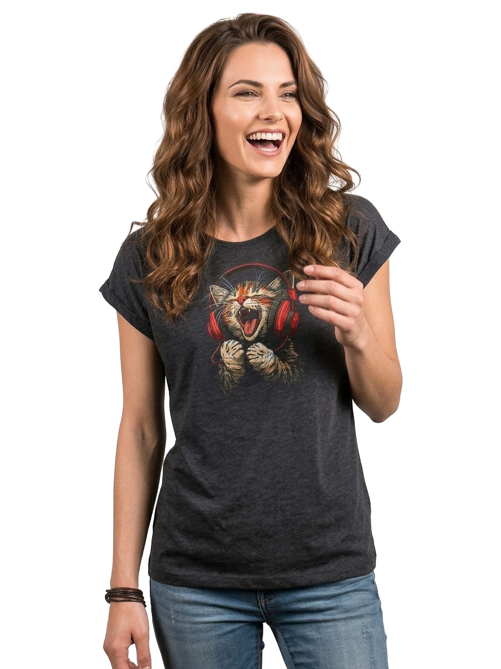 MAKAYA T-Shirt Lustiges Katzenshirt für Damen – Musik Katze mit Kopfhörern (Schwarz, Blau, Dunkelgrau, 34, 36, 38, 40, 42, 44, 46, 48, 50) Baumwolle