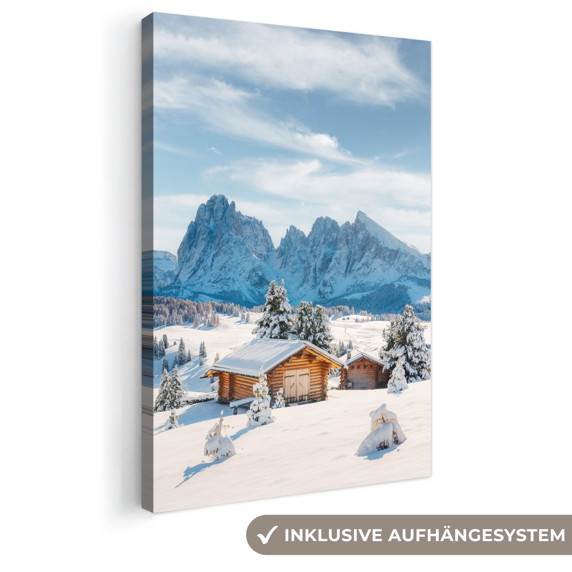 OneMillionCanvasses® Leinwandbild Winter - Hütte - Berge - Aussicht - Schnee, Fotodruck (1 St), Leinwand Canvas Wandbild, Wanddekoration 20x30 cm