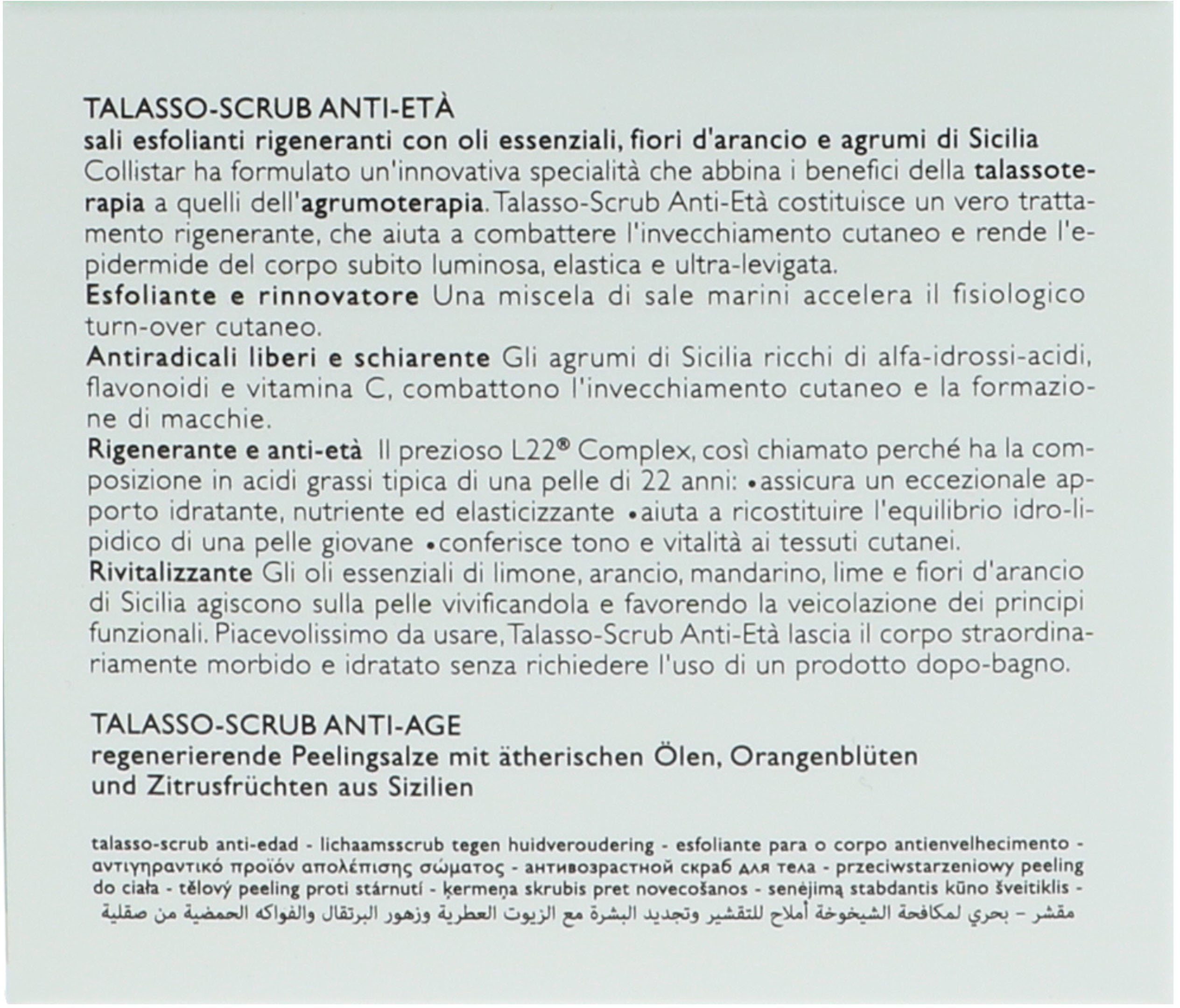 COLLISTAR Körperpeeling Anti-Age Talasso Scrub, Mit ätherischen Ölen, Zitrusfrüchten und Meersalzen, Anti-Age-Wirkung.