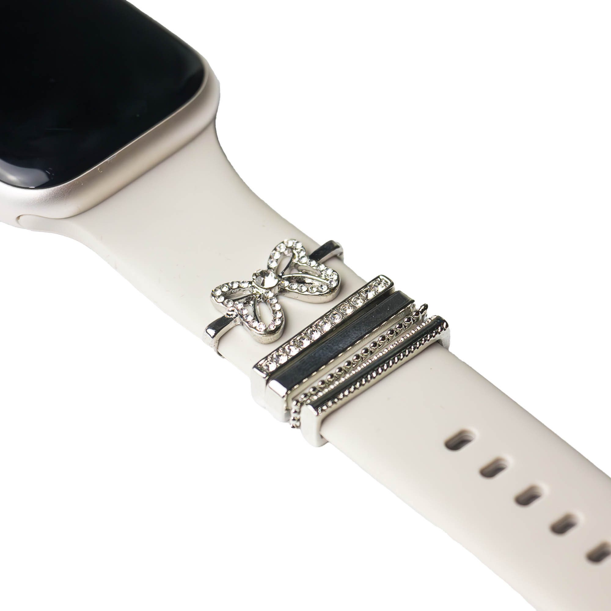 ARTVALL Smartwatch-Armband Apple Watch Charms Set 38/40/41mm & 42/44/45/49mm, Smartwatch Schmuck Schleife & Glitzer Silber
