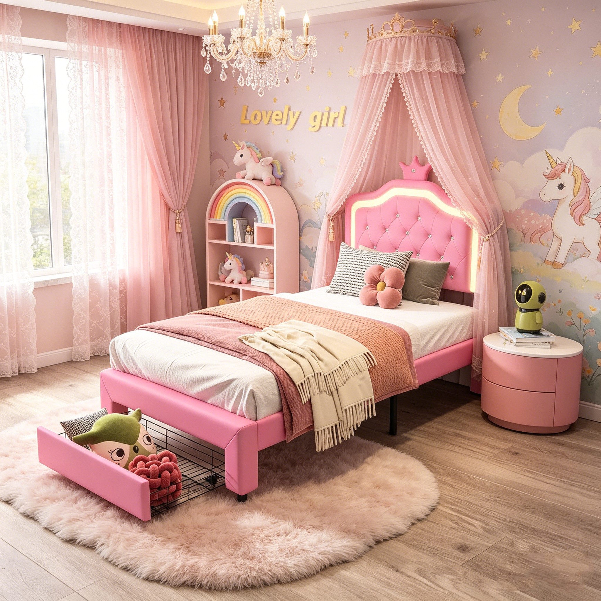 Simurq Kinderbett Prinzessin Bett, Kinderbett 90x200, Mädchen Bett, Bettgestell, Komfort-Lattenrost, Jugendbett mit Stauraum, Kunstleder, pflegeleicht