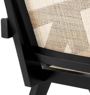 Casa Padrino Besucherstuhl Designer Stuhl Schwarz / Naturfarben 58 x 82 x H. 70 cm - Massivholz Stuhl mit Armlehnen und handgewebtem Rattangeflecht - Luxus Wohnzimmer Möbel