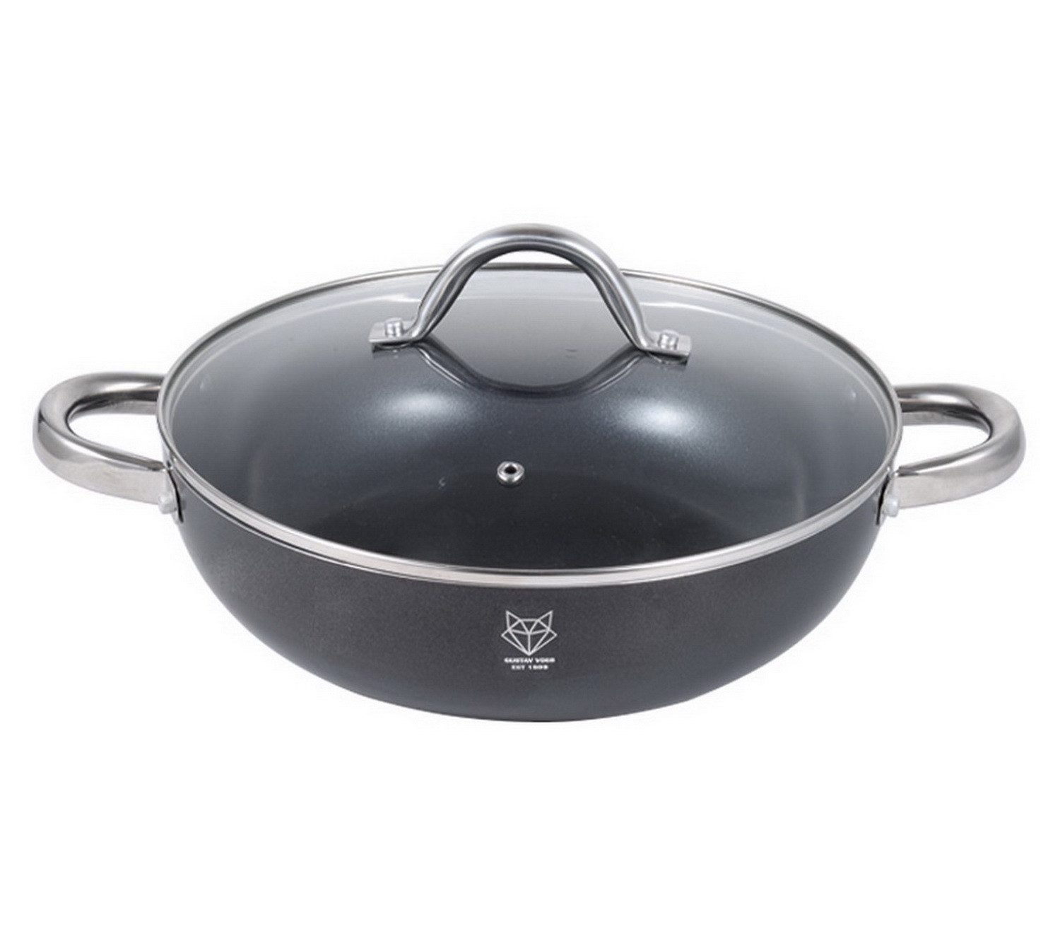 Gustav Voss Wok Ø 28 cm Wokpfanne PIRÄUS mit Deckel & Ablagegitter, verstärkte Aluminiumlegierung (spülmaschinengeeignete Wok-Bratpfanne mit Deckel, auch verwendbar als Schmorpfanne & Servierpfanne), induktionsfähige Pfanne mit Procalon®Cera-Beschichtung