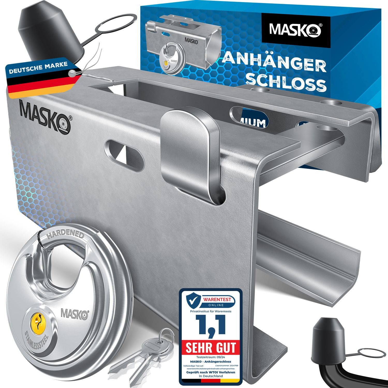 MASKO Anhängerschloss (Inkl. Rundbügelschloss & Schlüssel & Schutzkappe), Anhänger Schloss Diebstahlschutz Wohnwagen Kastenschloss