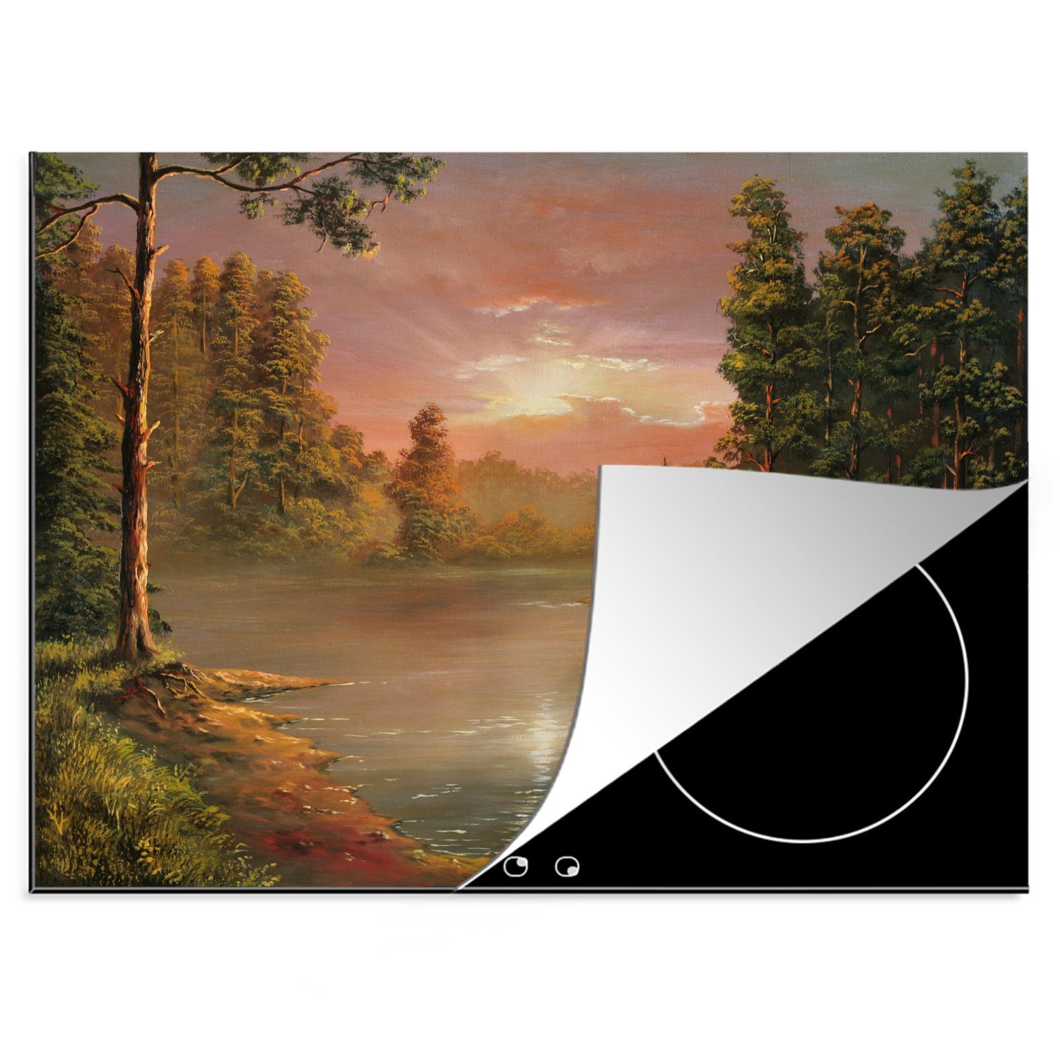 MuchoWow Herdblende-/Abdeckplatte Ölgemälde einer Landschaft an einem Fluss, Vinyl, (1 tlg), 70x52 cm, Mobile Arbeitsfläche nutzbar, Ceranfeldabdeckung