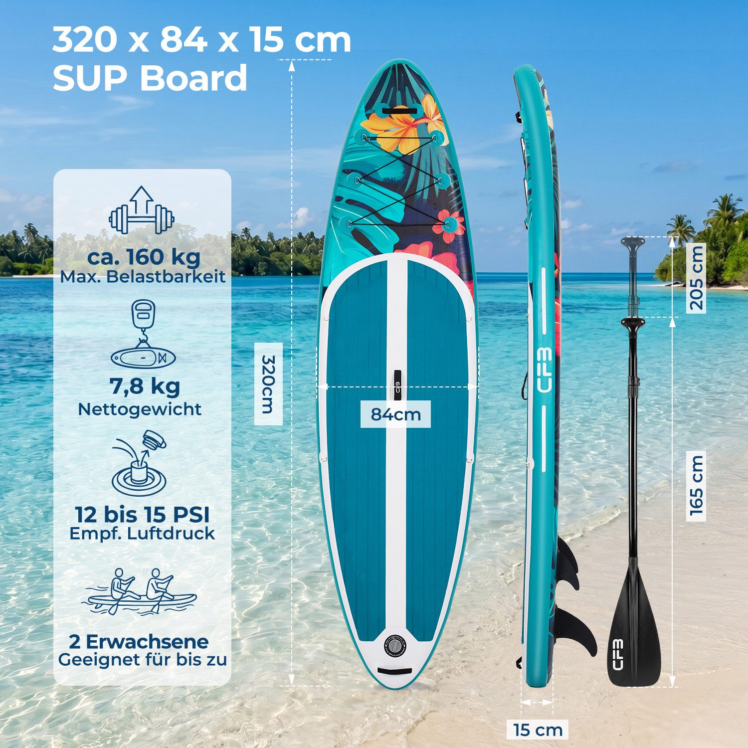 CFB SUP-Board Set 320x84x15 cm extra breit, 160 kg Traglast, aufblasbares Stand Up Paddle Board, (Komplett-Set, mit Paddel, Pumpe, Rucksack, 5L Dry Bag und Schultergurt), für Anfänger und Erwachsene