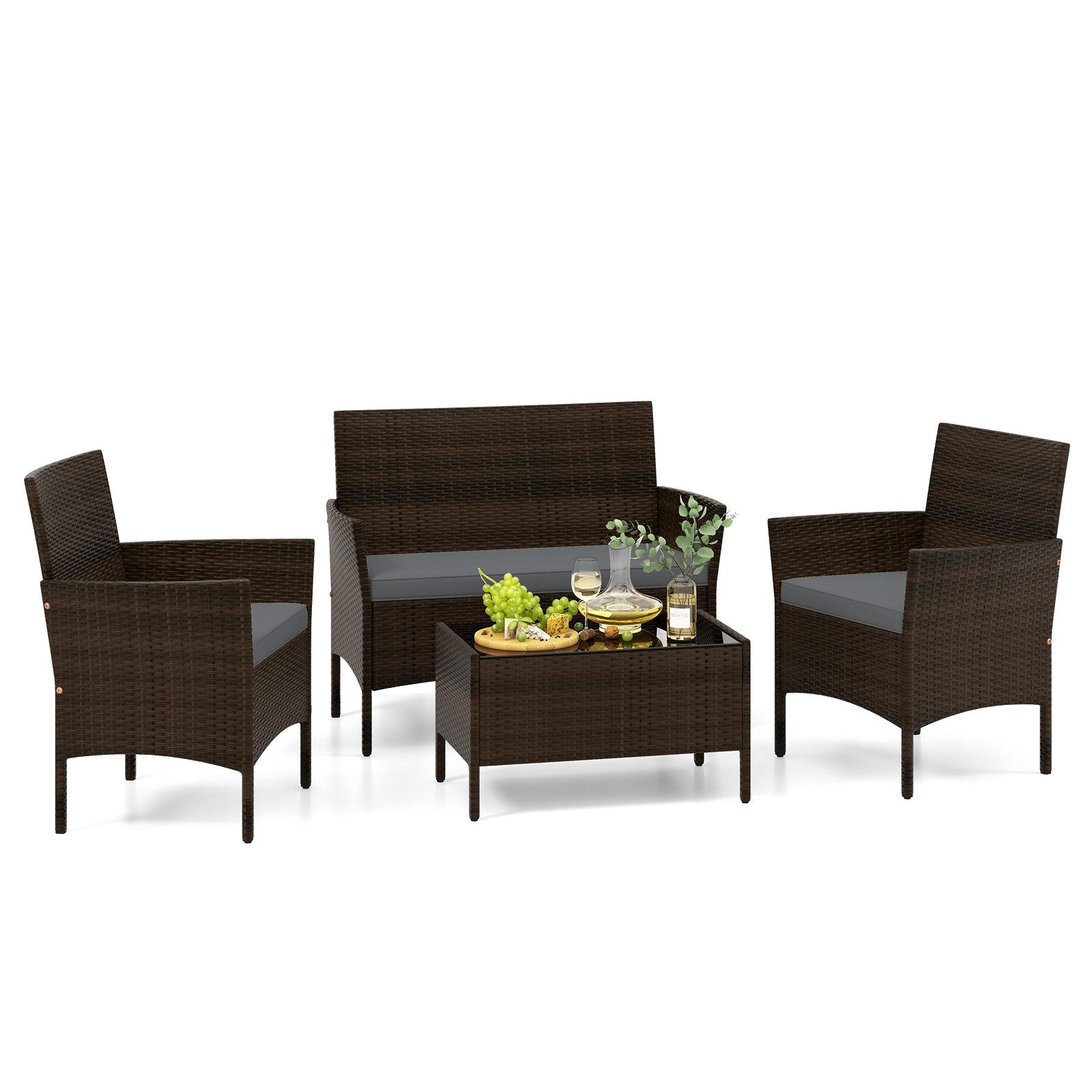 COSTWAY Balkonset, (4-tlg), 4 Personen, Rattan mit 2 Sessel, Bank, Tisch & Sitzkissen