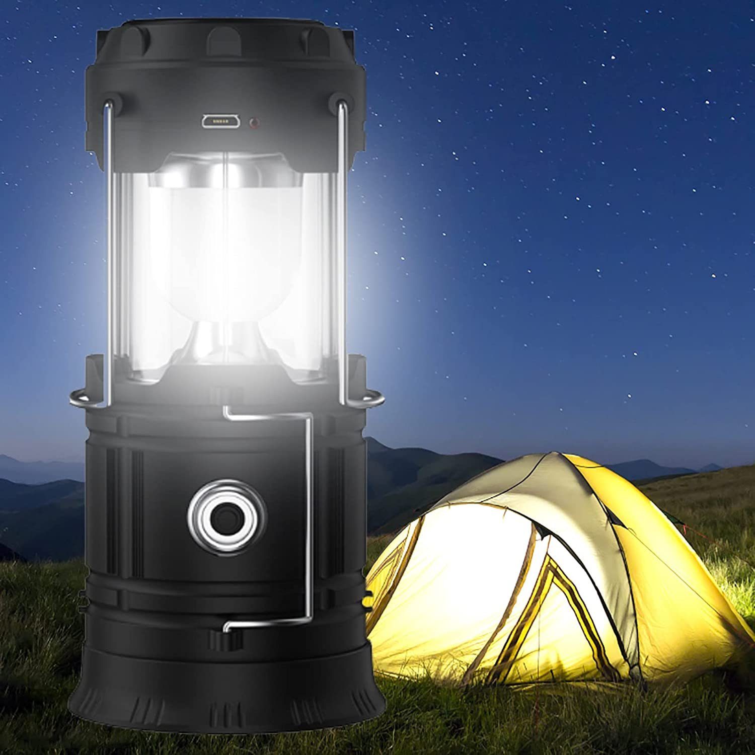 XDeer LED Laterne LED Camping Laterne,USB und Solar wiederaufladbare Lampe, 1200 mah Mutifunktionierte Campinglampe mit Powerbank Schwarz | Laternen