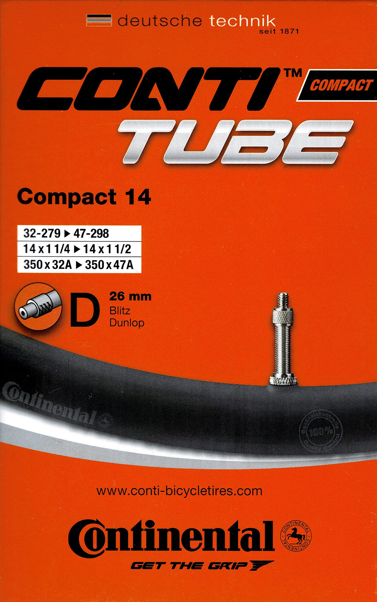 CONTINENTAL Fahrradschlauch Continental Compact 14 Schlauch 14 Zoll DV (32/47-279/298) DV 26mm, 1 1/2, 1 5/8, 1,75, 1 3/8, 1 1/4, 1,25