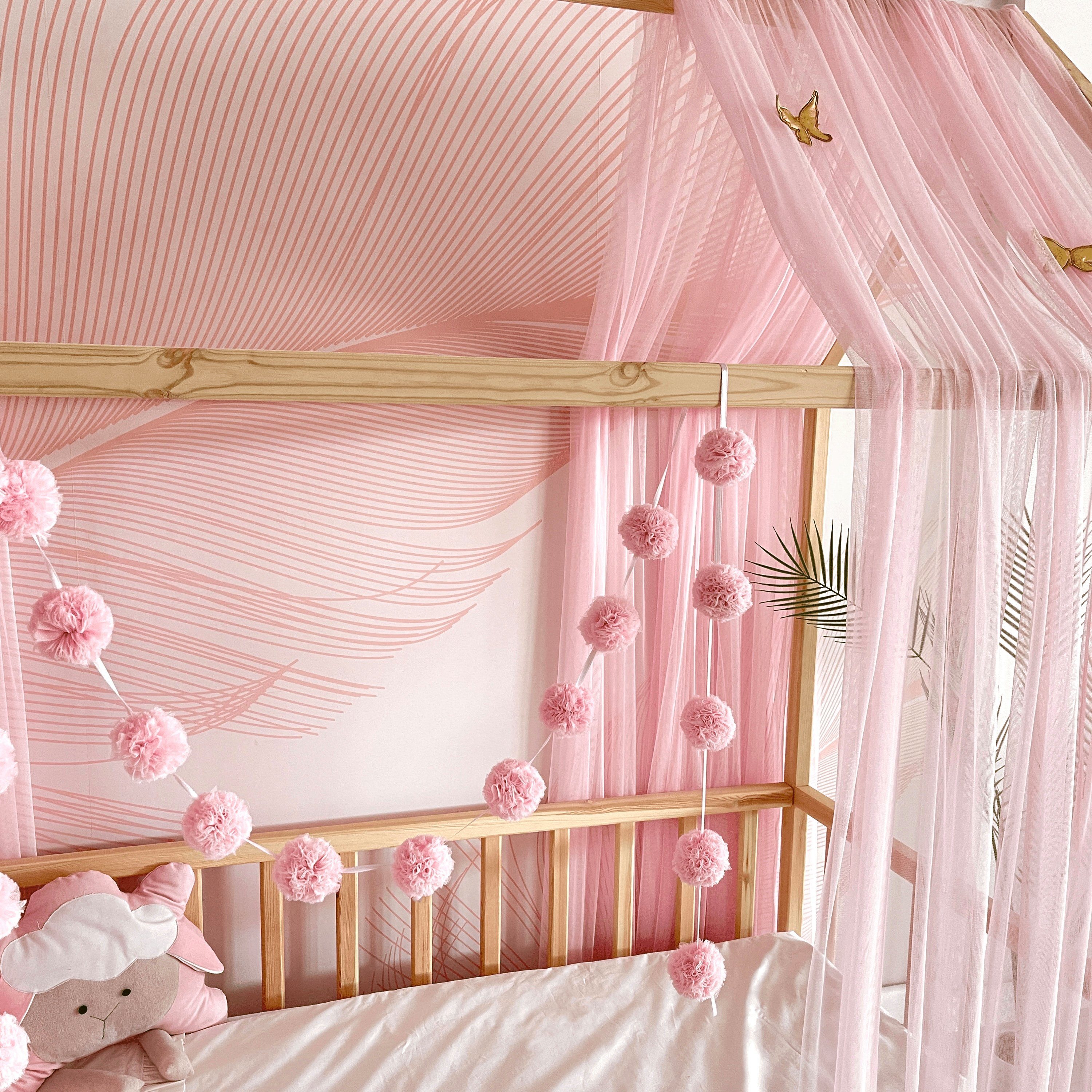 Baby Fancyroom Betthimmel Set), Hausbett Betthimmel Stück mit Stück Hausbett rosa Montessori Baldachin, Betthimmel Kinderbett Himmel 20er und Set 380cm 2 Deko Tüll 2 Kinder Montessori (3-tlg. Baldachin Betthimmel, einer Moskitonetz Pomponkette, 340cm Betthimmel für