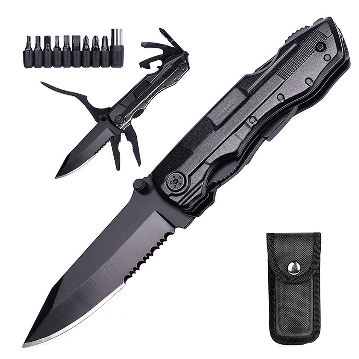 KINSI Multitool Multitool 9 in 1, Taschenmesser Zange Klappmesser,Multifunktionsmesser, Outdoor-Camping-Jagd-Bergsteigen-Multitool mit 9 Ersatzköpfen