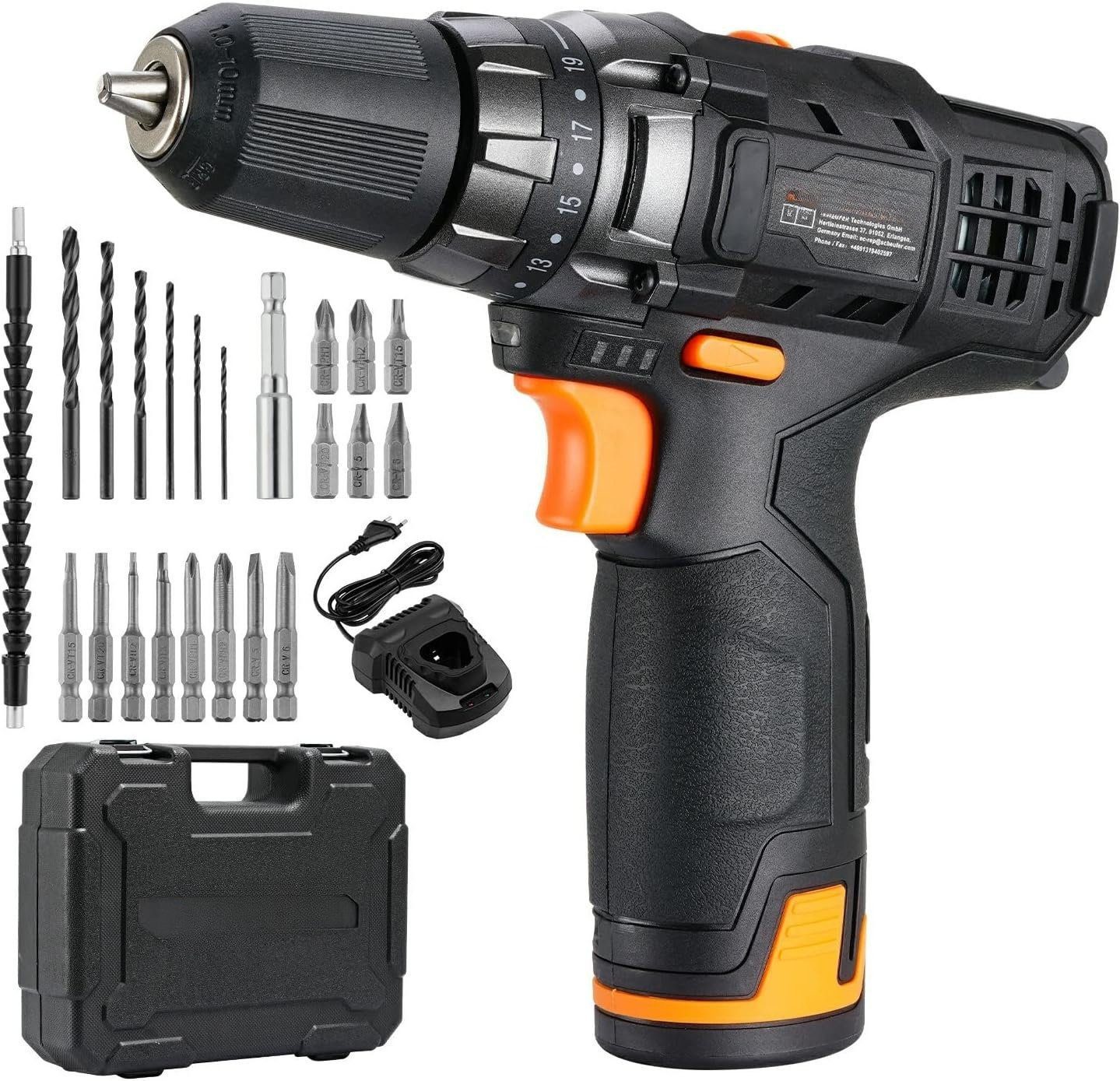 Aleapow Akku-Schrauber, 1350,00 U/min, 30,00 Nm, (12V Bohrschrauber, 24-tlg., 2-Gang-Getriebe, Schnellladung, LED-Licht), 12V Bohrschrauber, 30Nm, 19+1 Einstellungen