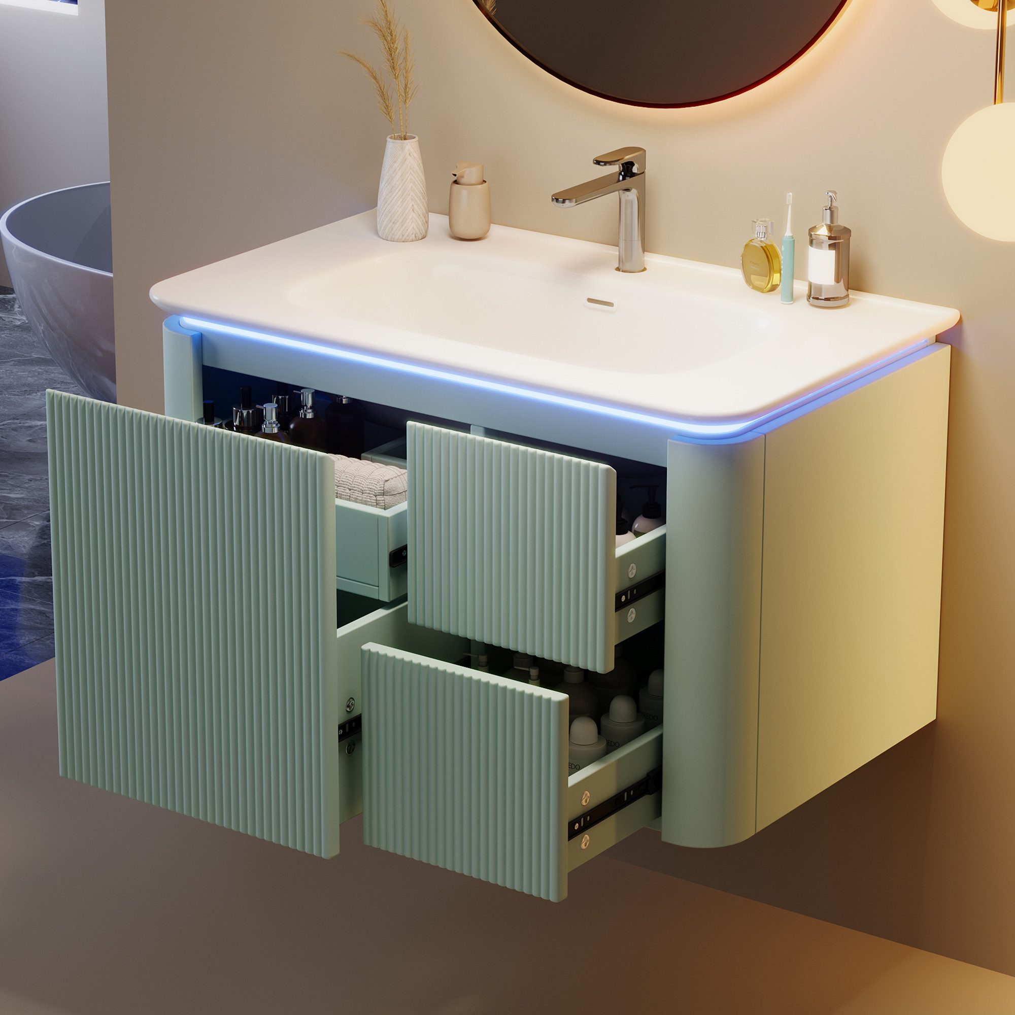 Flieks Waschtisch LED-Radarsensor Waschbeckenunterschrank inkl. Waschbecken (wandhängend, Badschrank mit Led-Beleuchtung Waschplatz Badzimmer, 1-St., B80,5xT47,5/H51 cm), Badmöbel-Set Badzimmerschrank mit 4 Schubladen Volllackierung Mintgrün