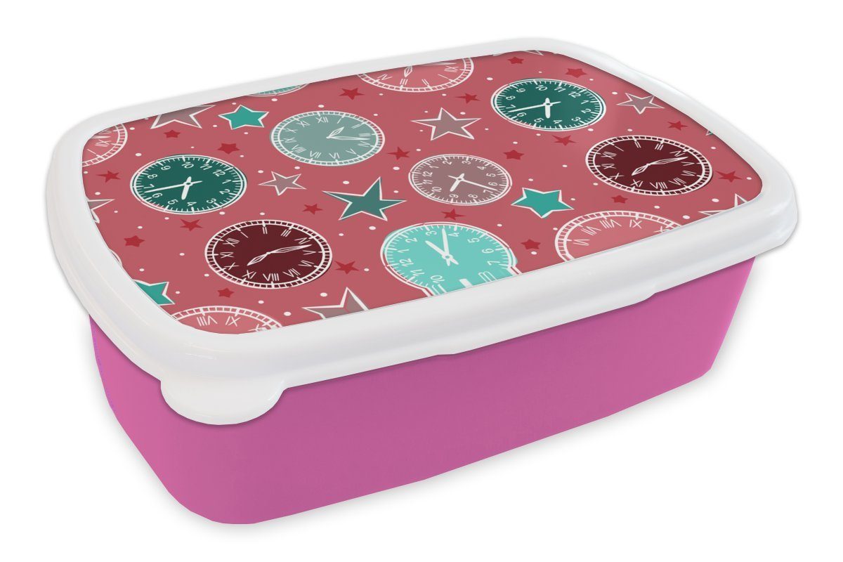 MuchoWow Lunchbox Uhr - Rosa - Muster - Sterne, Kunststoff, (2-tlg), Brotbox für Erwachsene, Brotdose Kinder, Snackbox, Mädchen, Kunststoff