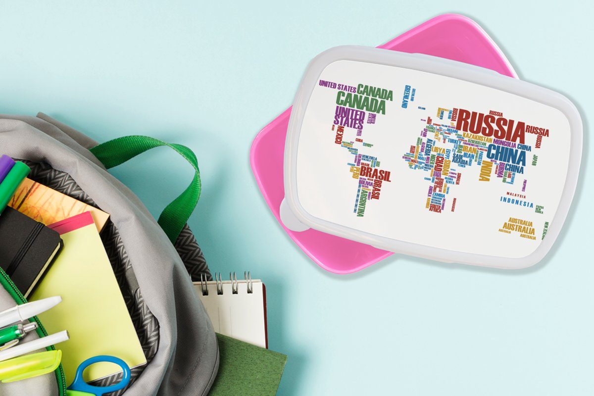 (2-tlg), Kunststoff Snackbox, MuchoWow rosa Lunchbox Farben Kunststoff, Mädchen, Brotdose Buchstaben Mädchen, Kinder - Erwachsene, Kinder, - Weltkarte - Brotbox für -