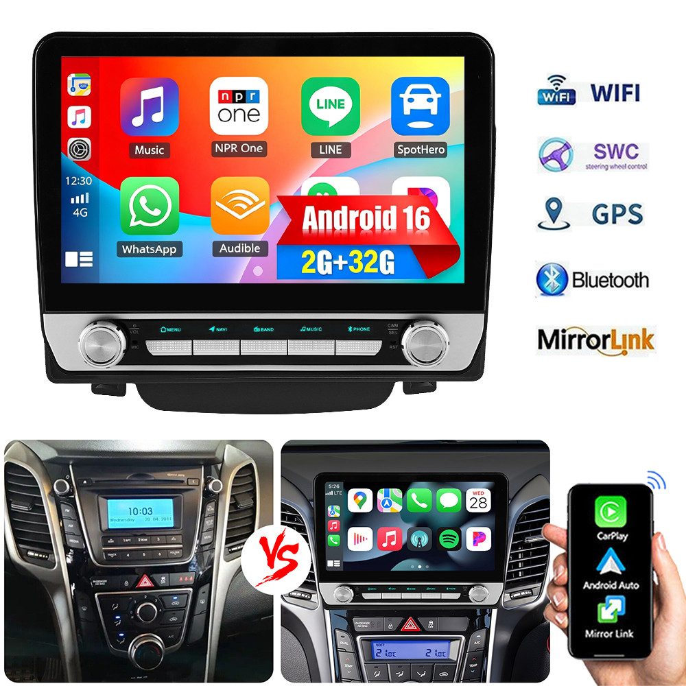 ESSGOO Für Hyundai i30 2012-16 Android 16 Autoradio GPS WIFI Bluetooth RDS FM Autoradio (RDS, 4+64GB(optional), Digitalradio (DAB), FM, GPS, WIFI, SWC)