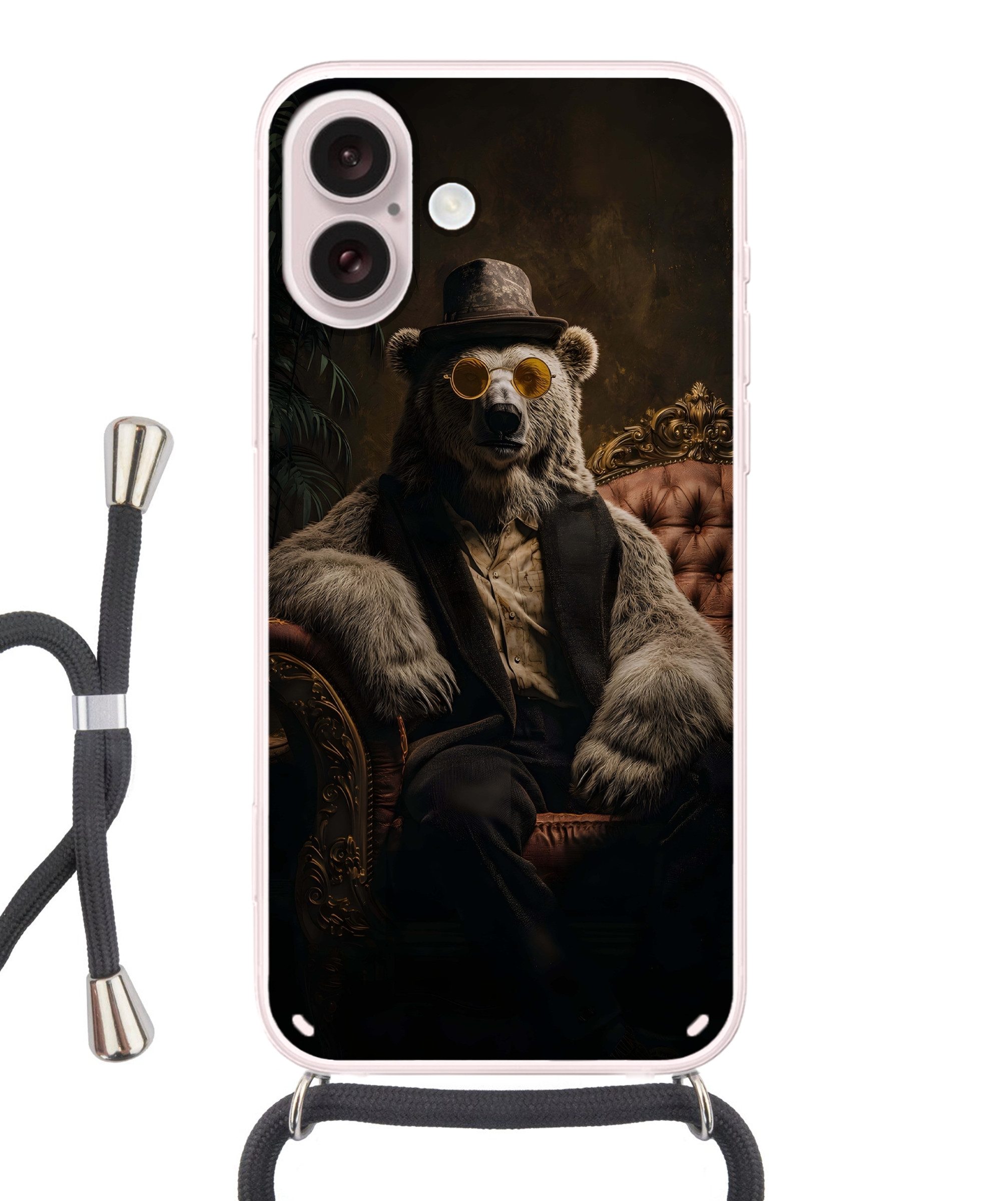 MuchoWow Handyhülle für Apple iPhone 16 Eisbär - Hut - Brille - Stuhl, Tragbare Handyhüllen mit Kette zum umhängen, Handykette Handyband