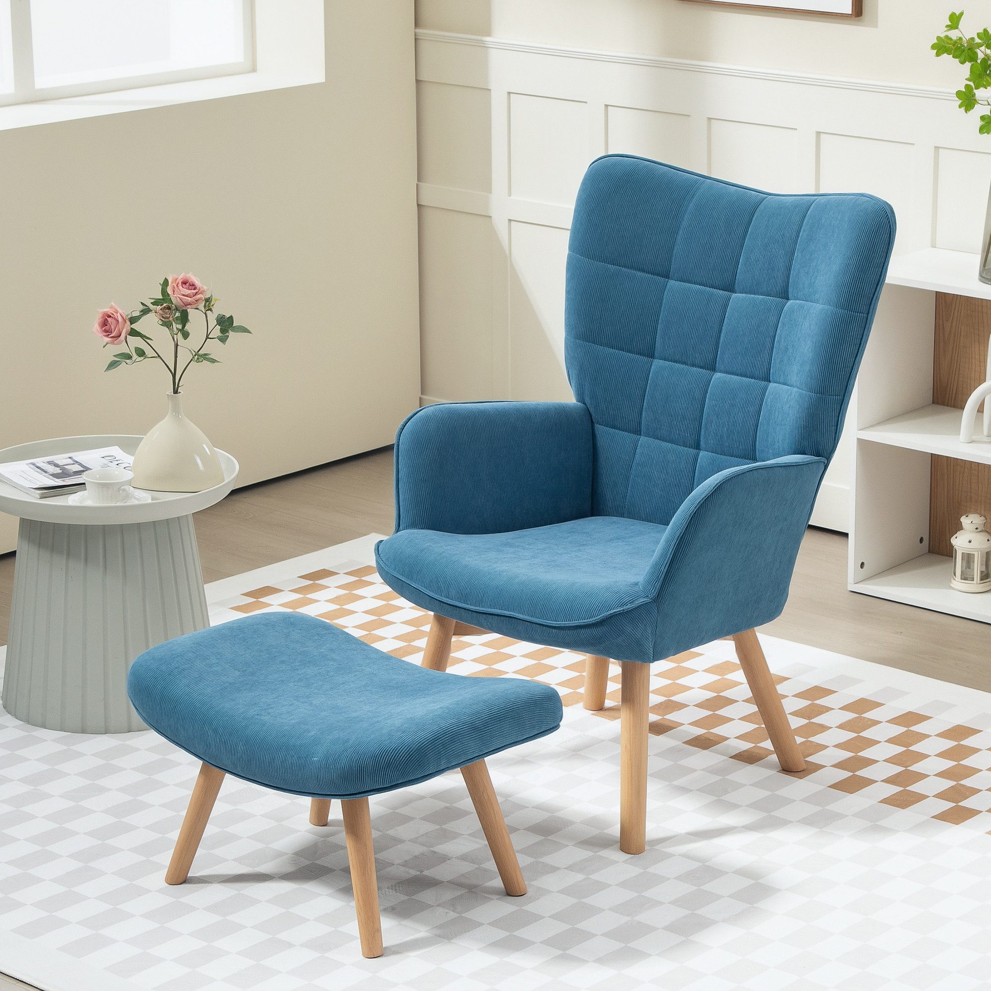 HOMCOM Relaxsessel Ohrensessel, Modern Armlehnensessel, Lesesessel, Schlafzimmer (Sessel mit Hocker, 2-St., Loungesessel), mit getuftetem Design, Cord-Optik, für Wohnzimmer, Blau