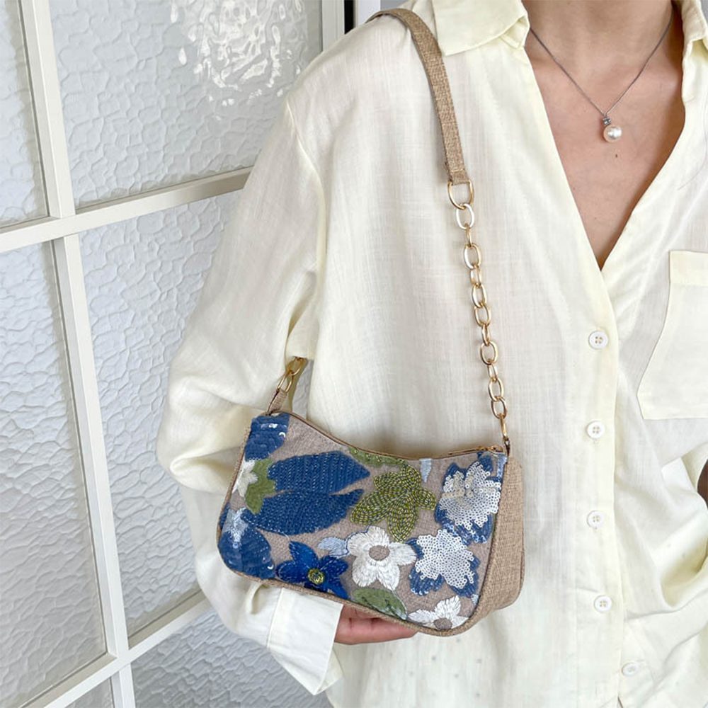 nsihing Schultertasche Damen Handtasche Blumenmuster,Schultertasche,bestickte Abendtasche, mit Kettenriemen,Handtasche für Hochzeit Party und Hochzeit – Bild 5 von 5