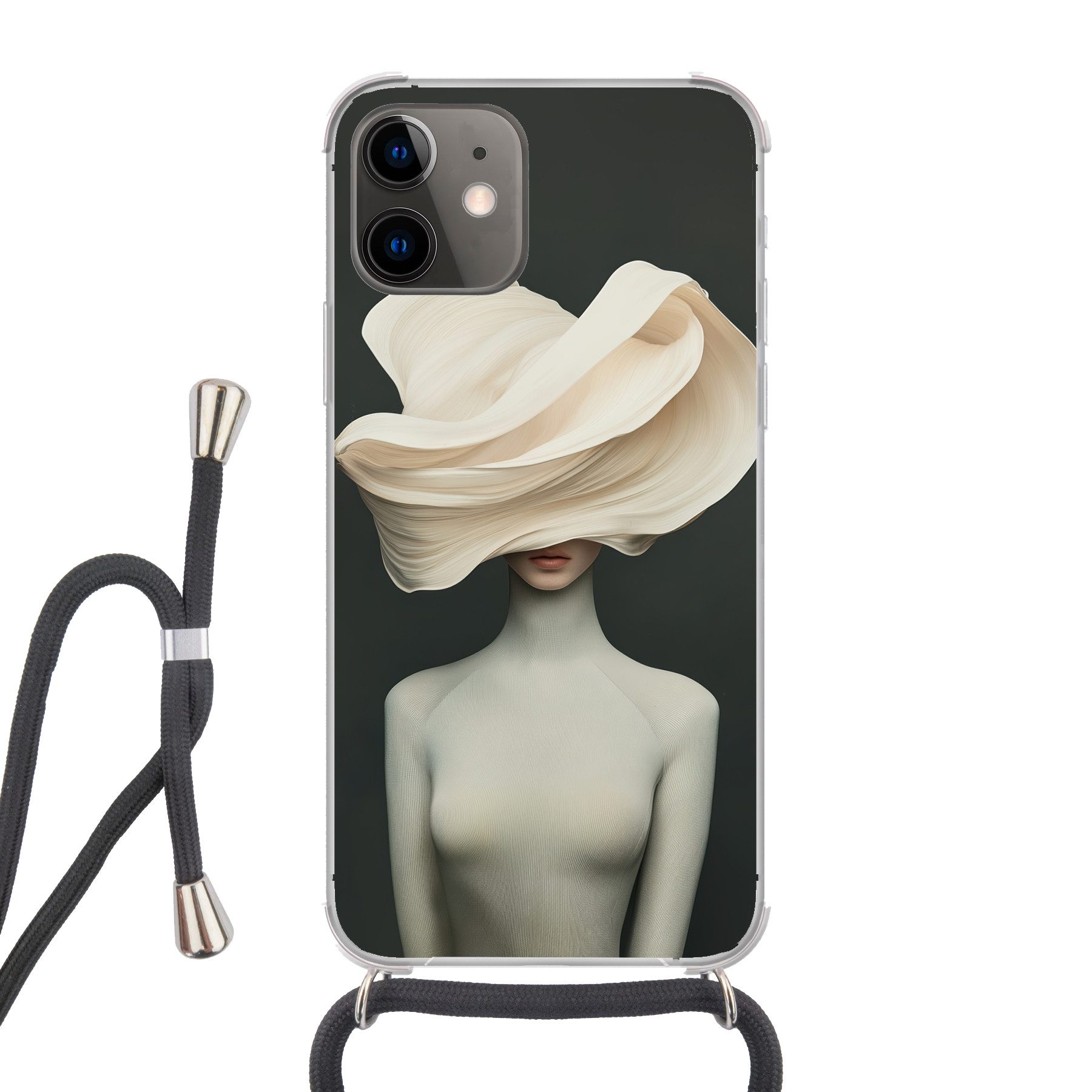 MuchoWow Handyhülle für Apple iPhone 11 Frau - Beige - Hut, Tragbare Handyhüllen mit Kette zum umhängen, Handykette Handyband
