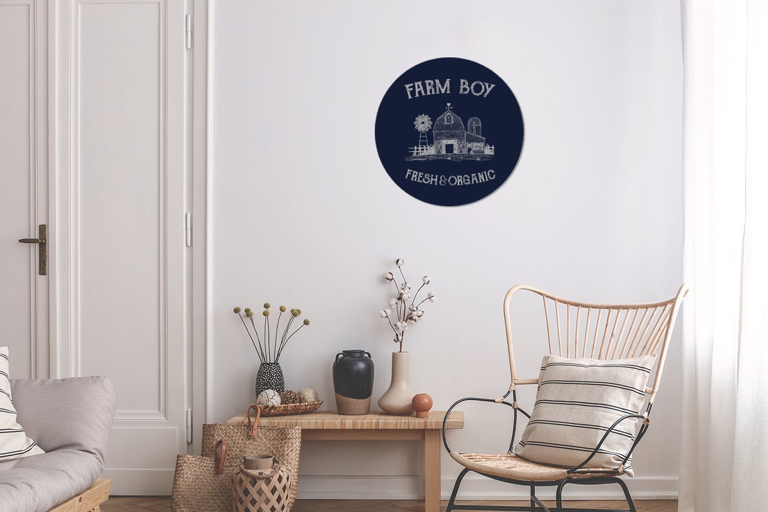 Bauernhaus Wohnzimmer (1 Kinderzimmer, Tapetenaufkleber, MuchoWow Tapetenkreis - Wandsticker Vintage St), Rund, Text - für