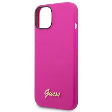 Guess Handyhülle Guess Apple iPhone 14 Hard Case Silicone Vintage Gold Logo Pink