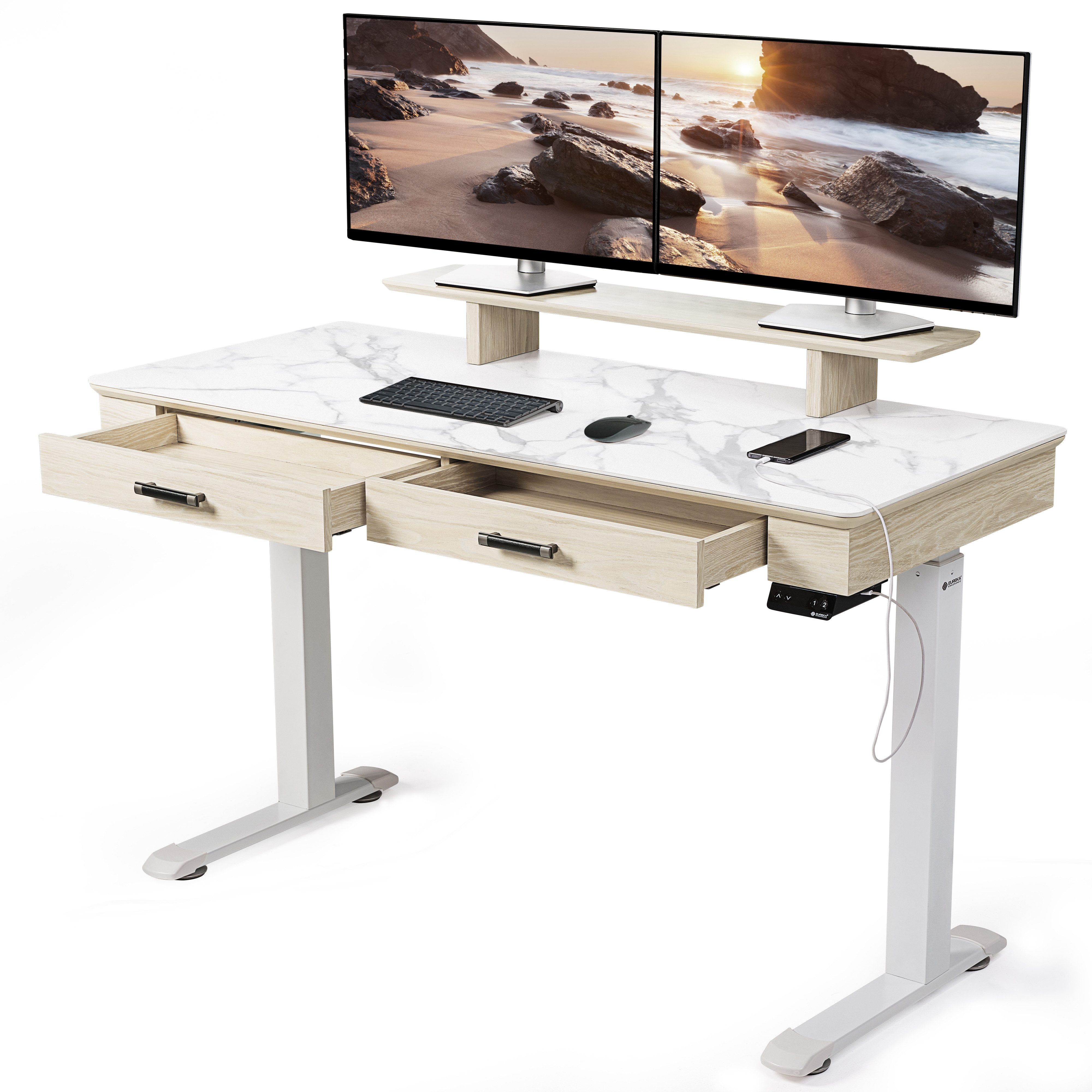 EE EUREKA ERGONOMIC Computertisch Hohenverstellbarer Schreibtisch Elektrisch Schieferplatte Doppelmotor Computertisch mit Doppelschublade Monitorstander APP Steuerung Tisch