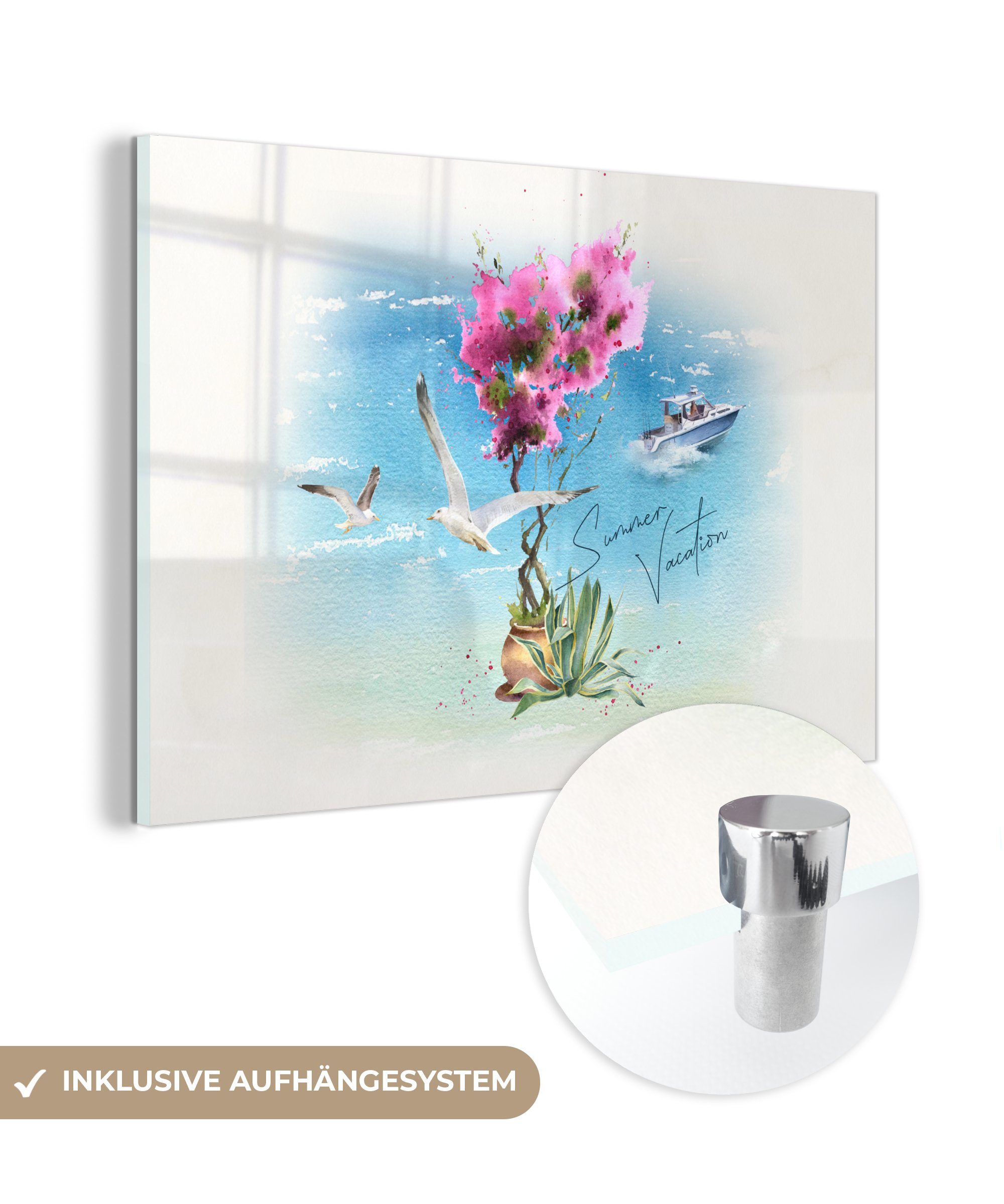 MuchoWow Acrylglasbild Blume - Boot - Aquarell, (1 St), Acrylglasbilder Wohnzimmer & Schlafzimmer