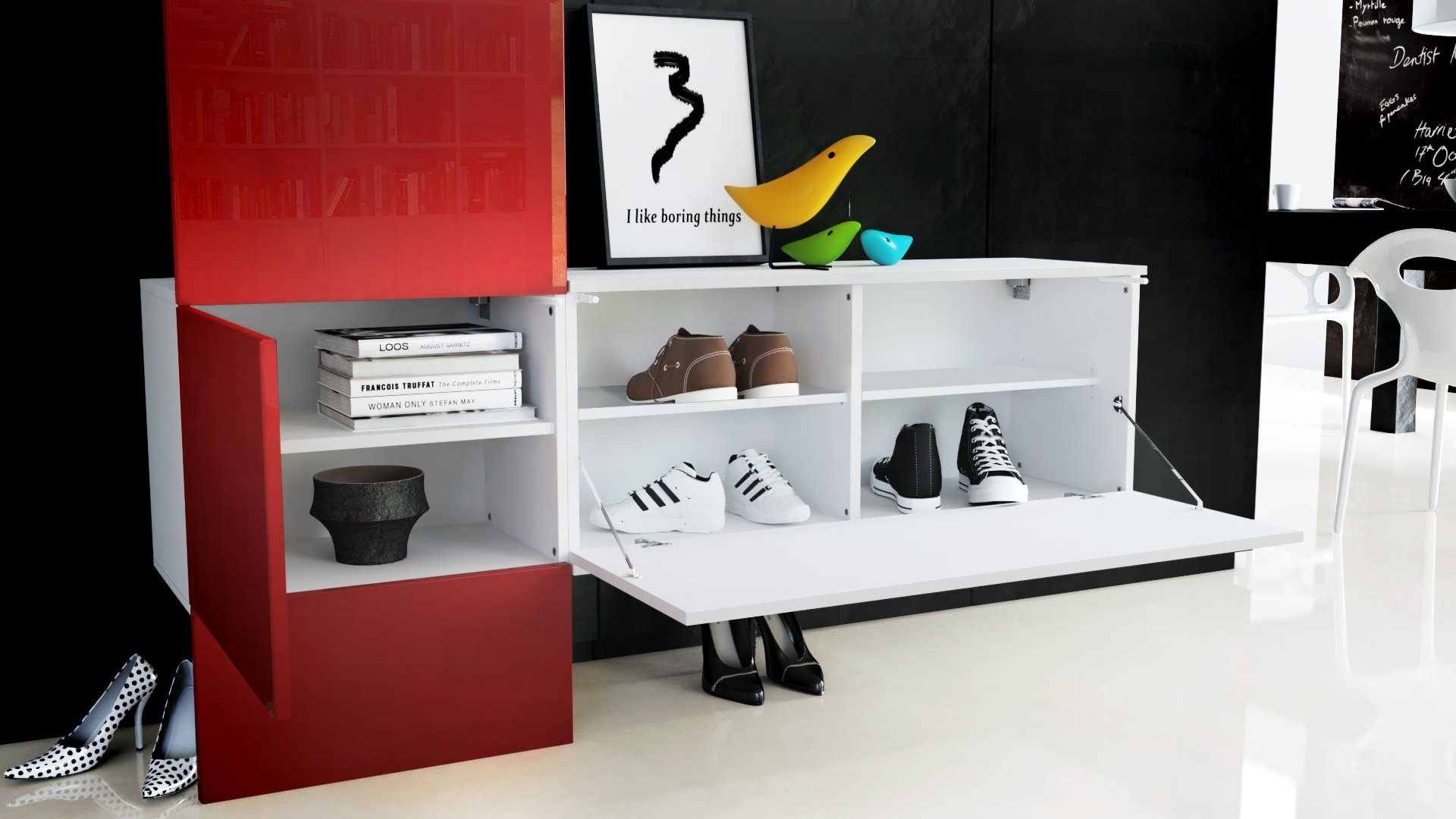 Vladon Garderoben-Set Carlton Set 4, (Wandgarderobe bestehend aus, 1 Paneel, 1 Schrankmodul und 1 Wandspiegel), Weiß matt/Brombeer Hochglanz (156 x 193 x 35 cm)