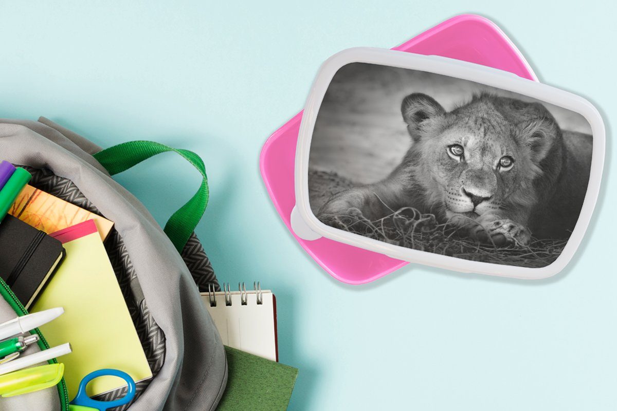 MuchoWow Lunchbox Erwachsene, Wildtiere - (2-tlg), Snackbox, - Natur Löwe Mädchen, Brotbox Brotdose Kinder, rosa Weiß, für - Kunststoff - Schwarz Kunststoff