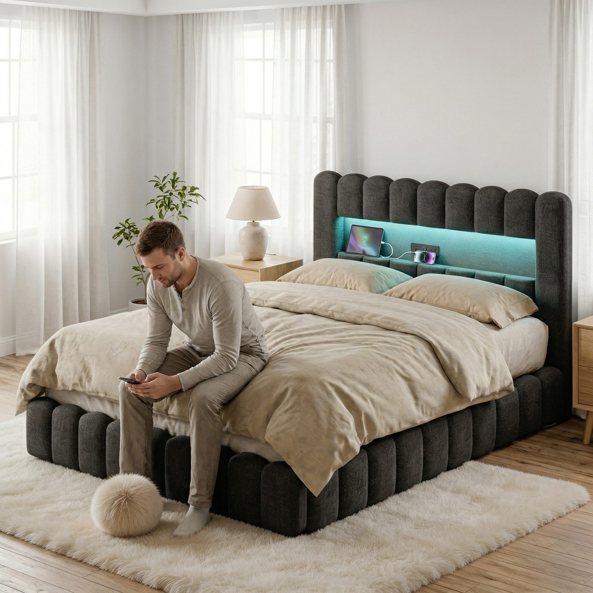 Gdood Polsterbett Stauraumbett Doppelbett LED, Leinenstoff/Samtstoff (1-tlg., Type-C + USB, Hydraulisch hebbarer Stauraum), Mit Bettkasten, LED-Beleuchtung, USB-Anschluss, 140x200 cm
