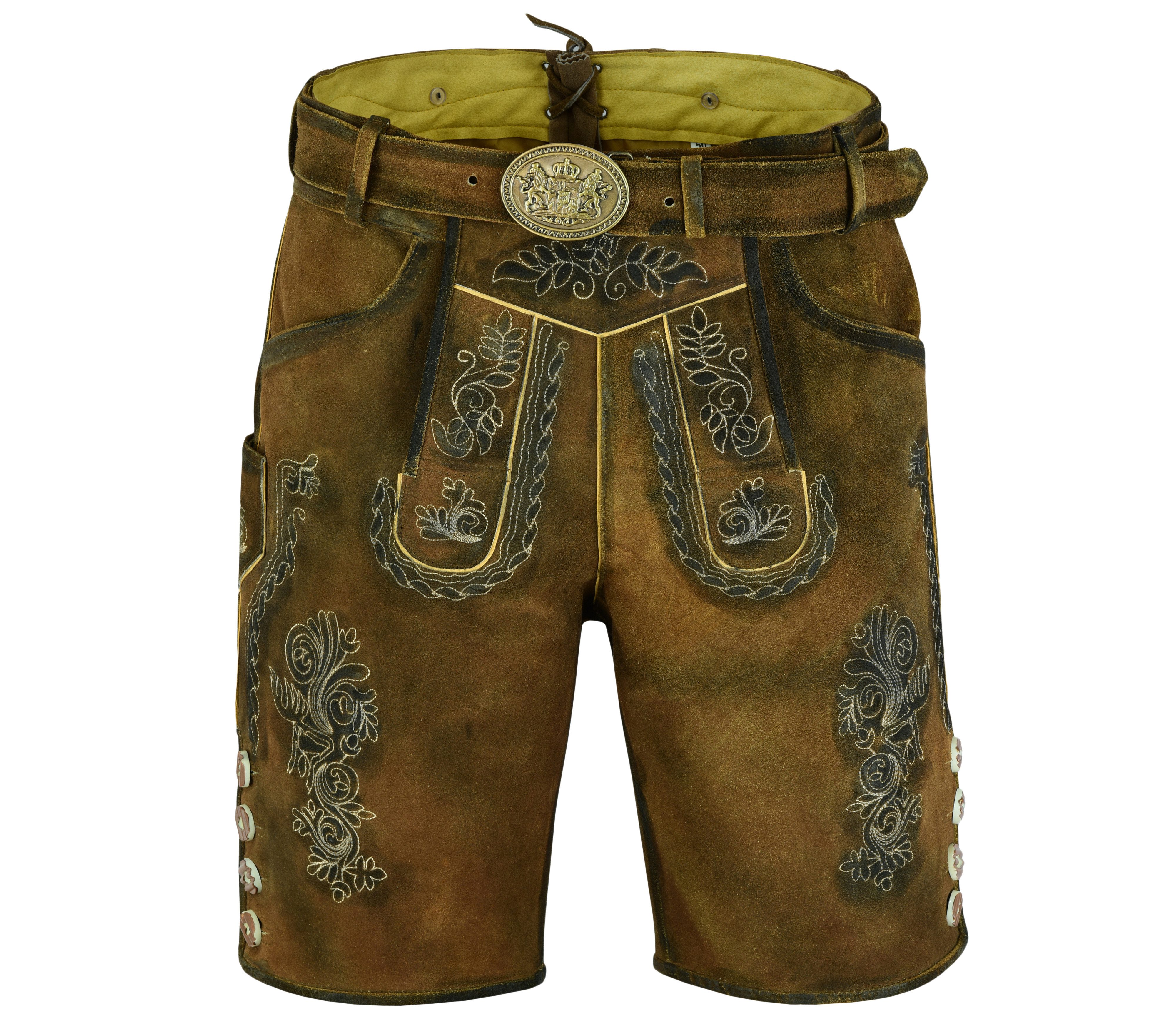 Myooka Trachtenlederhose Herren Lederhose Kurz Antik mit Gürtel in Braun Dunkelbraun Grüntöne