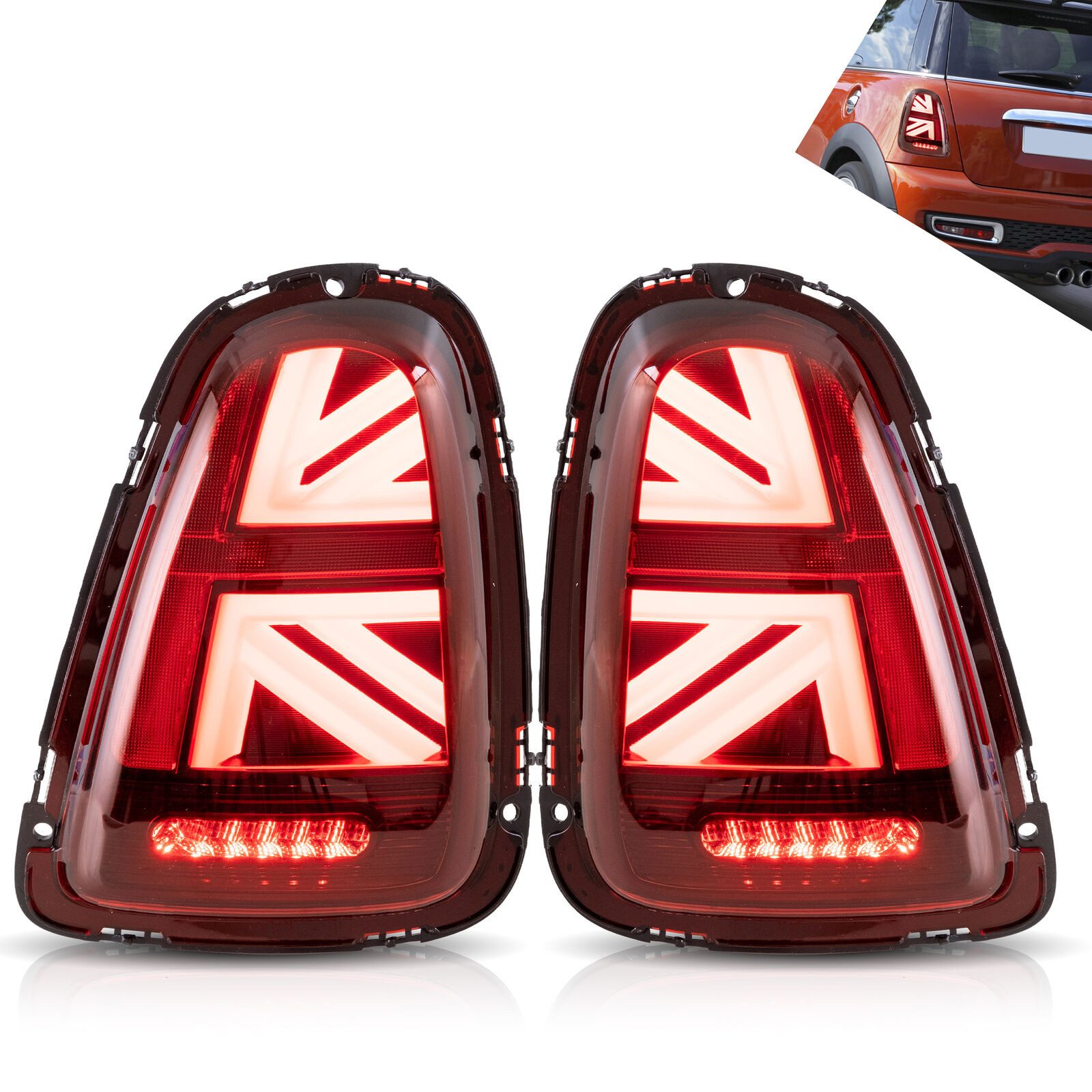 LLCTOOLS Rückleuchte Hell leuchtende LED Rückleuchte mit E passend für Mini Cooper, R56 R57 R58 R59 2007-2013, Rücklicht, Bremslicht, Nebelschlussleuchte, Blinklicht und Rückfahrlicht, LED fest integriert, LED, Dynamischer Blinker, Hochwertiges LED Rücklicht Auto mit Bremsfunktion