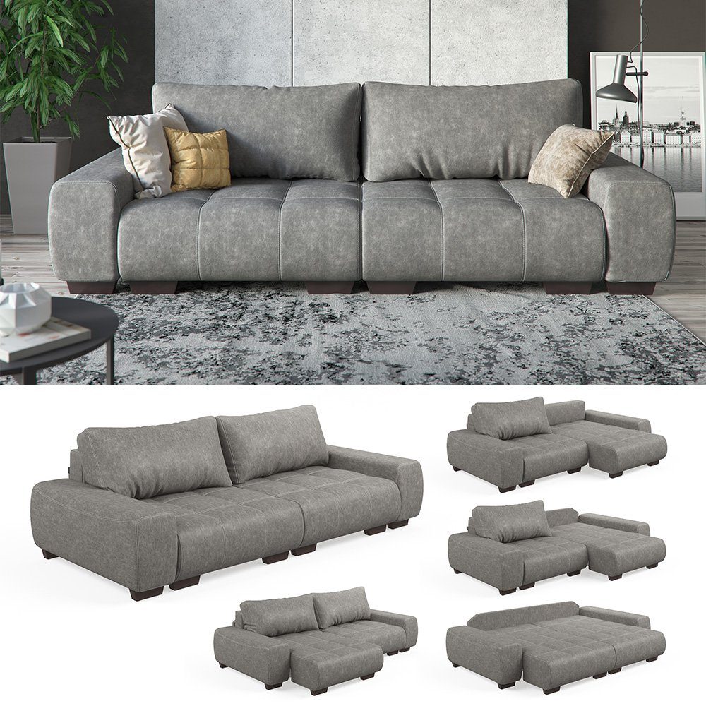 VitaliSpa® Schlafsofa Sofa PERRY Schlaffunktion Grau Couch Anthrazit Schumstoff 