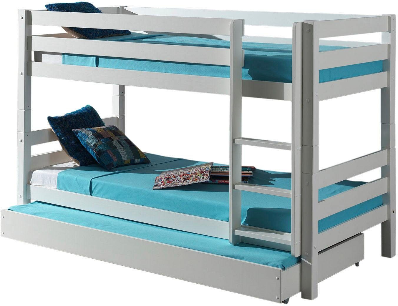 Vipack Etagenbett Pino, inkl. Rolllattenrost, Leiter und Absturzschutz (B/H/T ca. 210x140x105cm, massiv Kiefer 2 Farben zur Wahl), optional mit Bettschublade auf Rollen