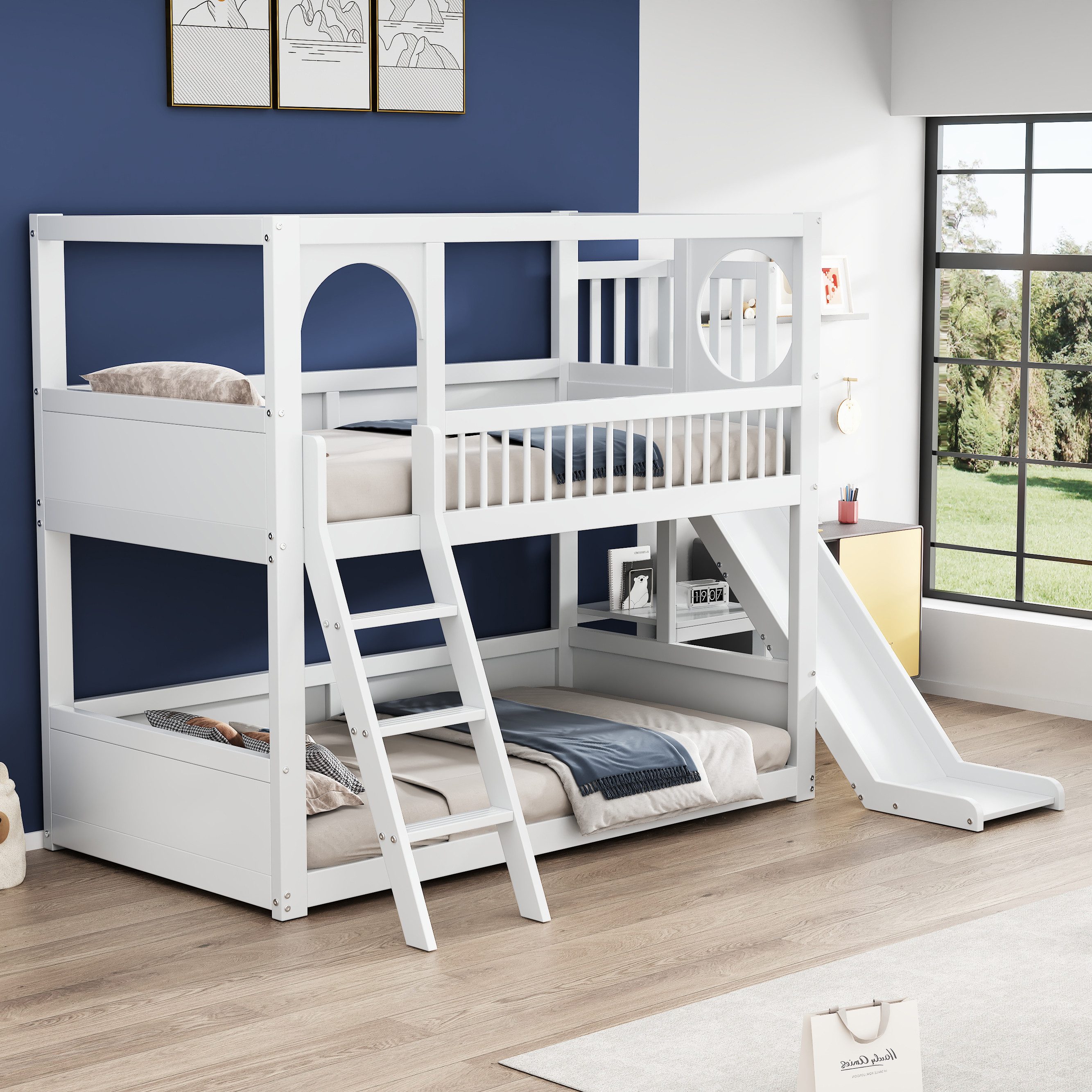 Flieks Etagenbett, Massivholz Kinderbett Hausbett mit Rutsche und Leiter 90x200cm