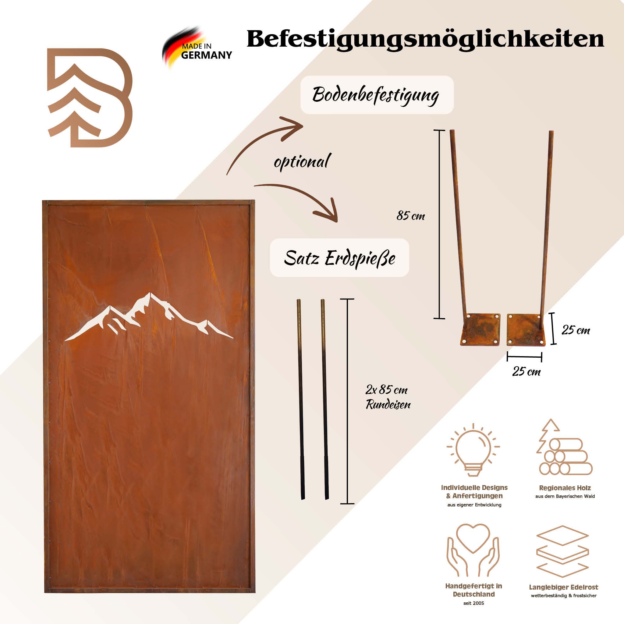 BADEKO Sichtschutzelement Sichtschutz Paravent 200x100cm aus Edelrost in Cortenstahloptik