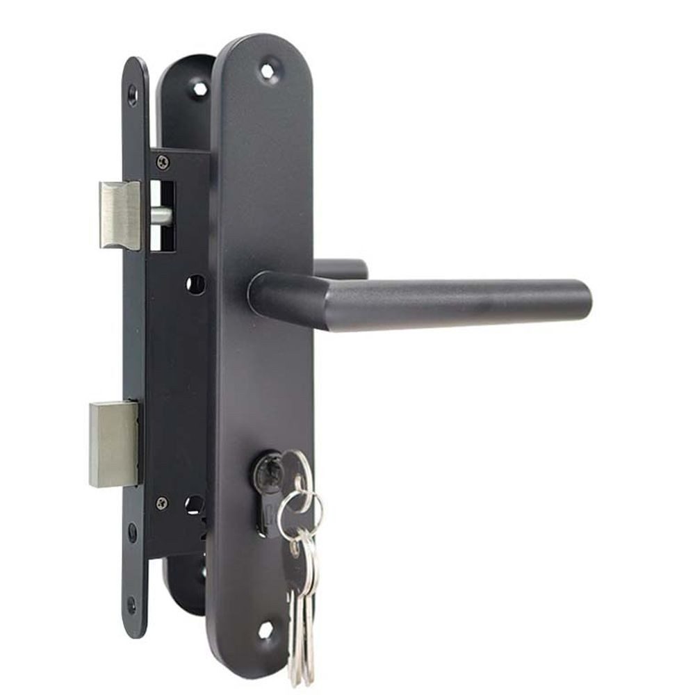 ROG-Gardenline Einsteckschloss für Gartentür, Edelstahl, abgerundetes Türschild,3 Schlüssel,schwarz, Dornmaß 45 mm, Wetterfest