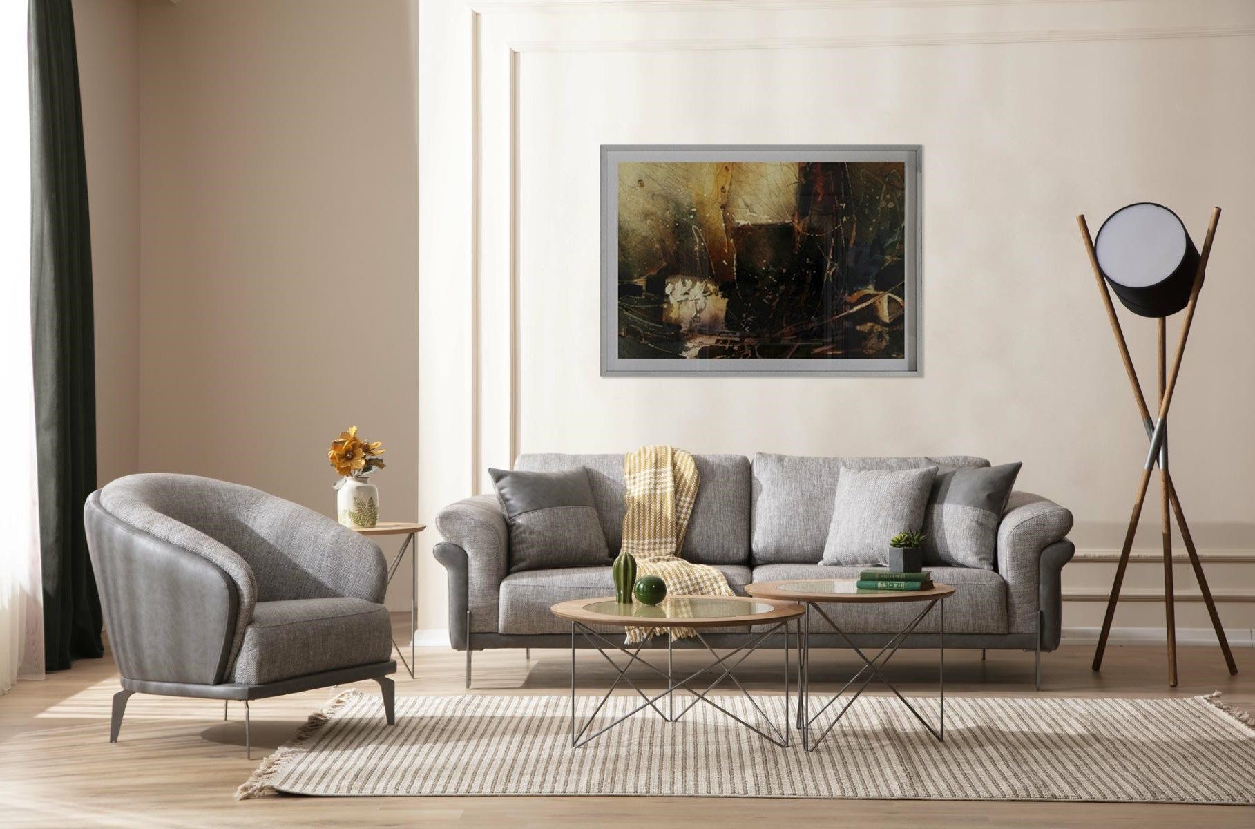 Xlmoebel Polstergarnitur Luxuriöses Set mit drei- und einem Sitzer Sofa, Polstersessel und zwei, (4-tlg., Set 4 tlg. (Sofa 3 Sitzer + Sessel + 2x Couchtische), Hergestellt in Europa