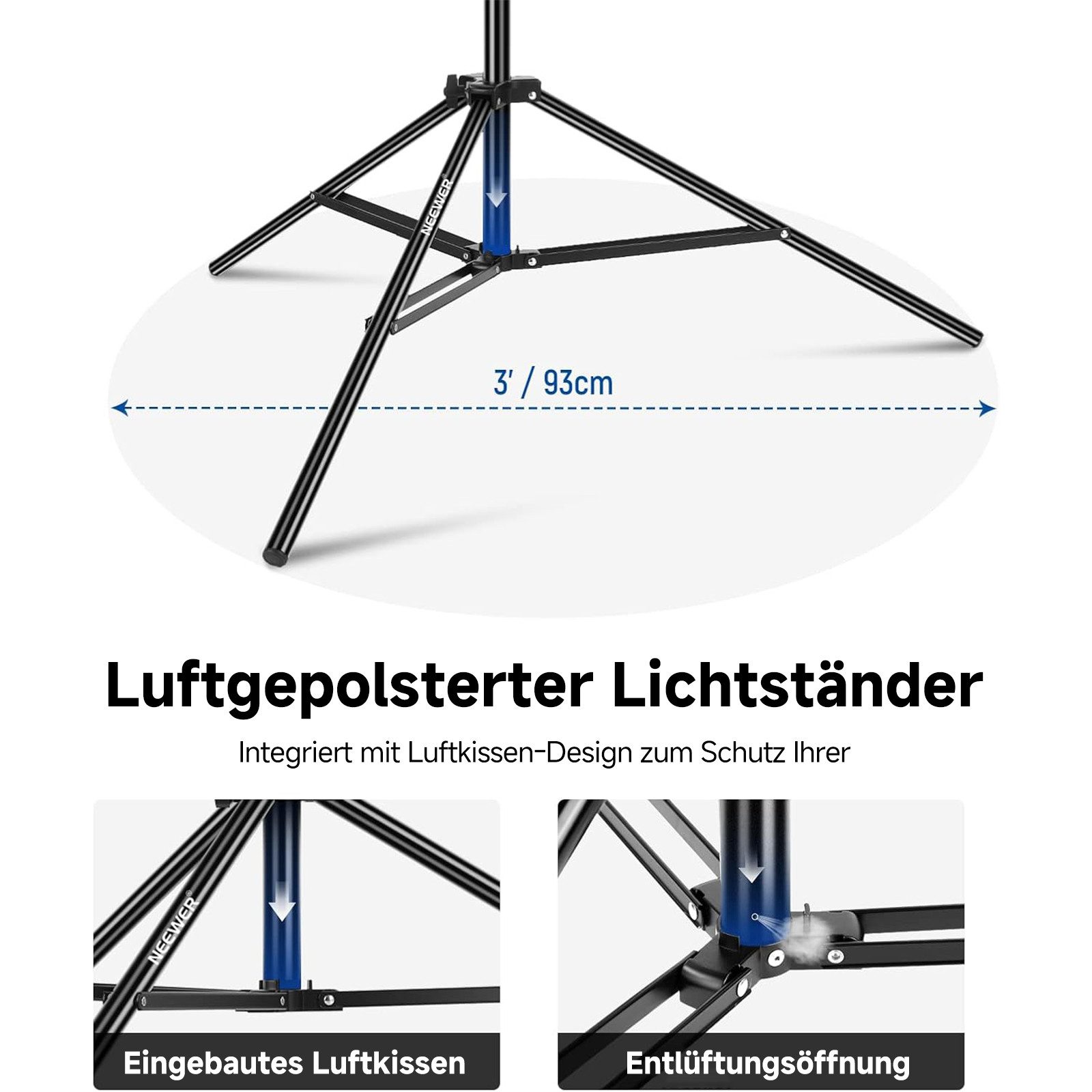 Neewer BA-01 Luftgepolstertes Aluminium Lichtstativ, Verstellbares Fotostativ Lampenstativ (Höhenverstellbar 106-300 cm, mit Galgenarm Sandsack, für Softbox)