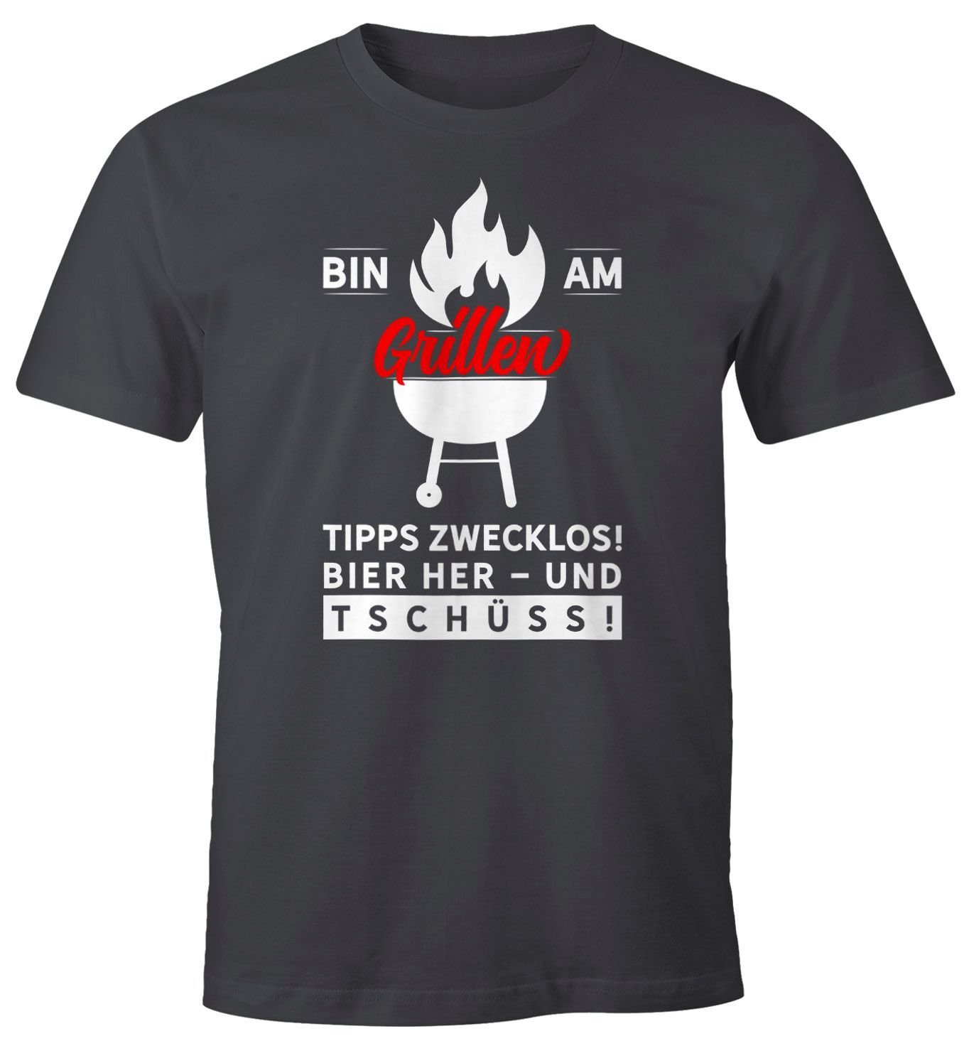 MoonWorks Print-Shirt Herren T-Shirt Bin am Grillen Fun-Shirt Spruch-Shirt Foodie Barbecue BBQ Tee Bier Moonworks® mit Print grau