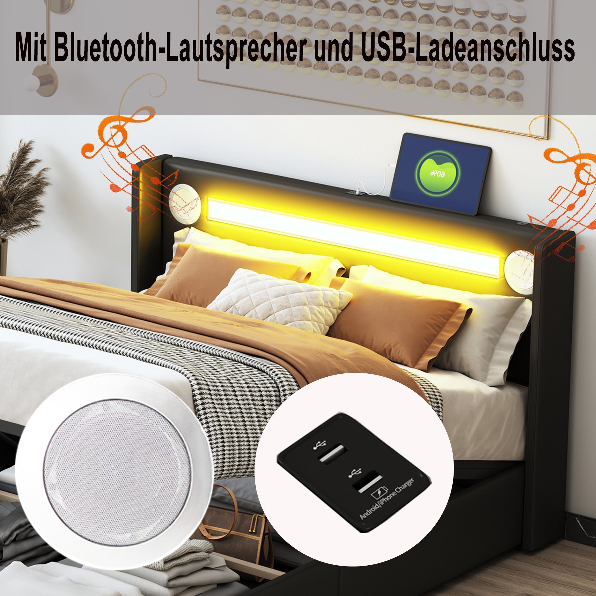 Polsterbett (Stauraumbett, Einzelbett), mit LED Beleuchtung/Bluetooth/USB-Aufladen, Kunstleder, 90x200cm
