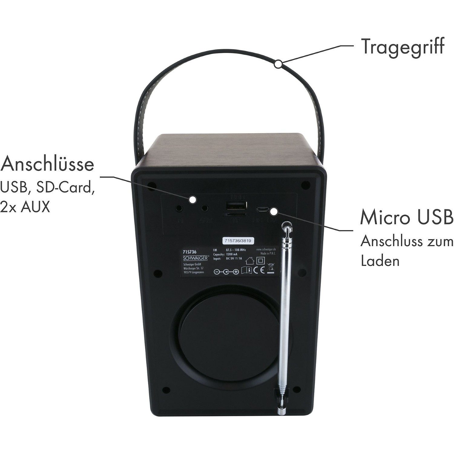 Schwaiger Radiowecker Radiowecker tragbar mit Bluetooth Lautsprecher Radio FM UKW AUX SD MP3-Player Wecker LED Display Sleep Sleeptimer – Bild 5 von 5