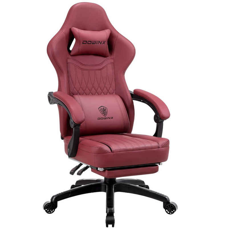 Dowinx Gaming-Stuhl Mit Federkissen, Massage-Lendenwirbelstütze Fußstütze, Rennspielsessel, Ergonomisches Design, PU-Leder, Rot