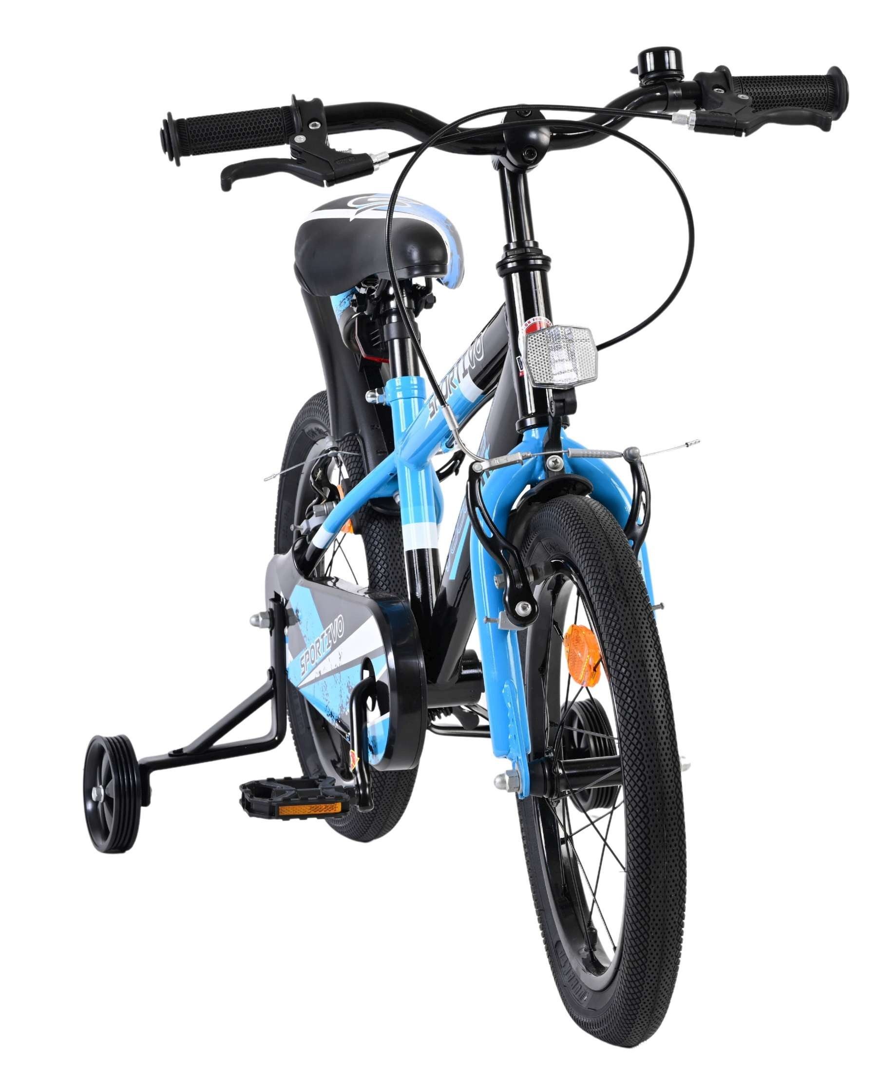 Volare Kinderfahrrad Sportivo Kinderfahrrad - Jungen - 16 Zoll - Blau/Schwarz, Abnehmbare Stützräder, geschlossener Kettenschutz, Luftreifen