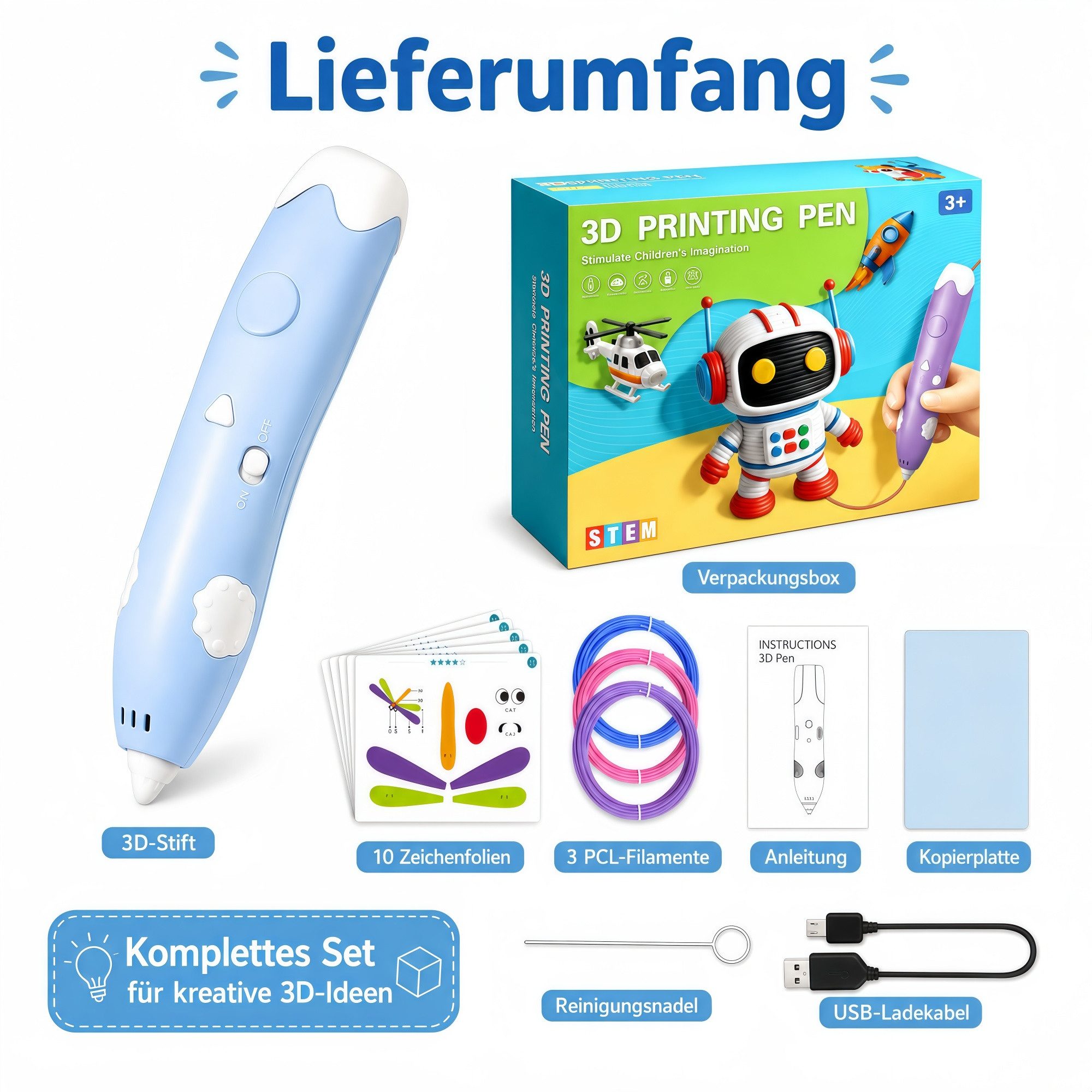 Forrlite 3D-Drucker 3D Druckstift Set für Kinder ab 3 Jahren, blauer 3D Stift mit PCL, Filamenten, Zeichenfolien, USB-Ladekabel und Zubehör, kreatives
