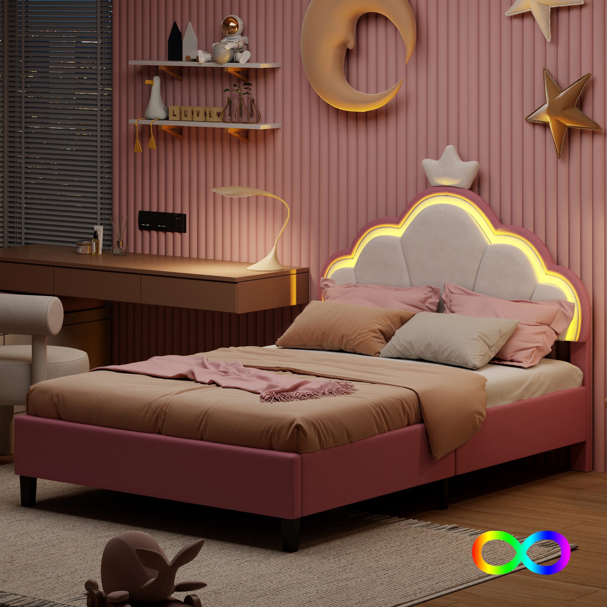 Furnishings Home Kinderbett Polsterbett Prinzessinnenbett Kronen form LED ( günstig online kaufen