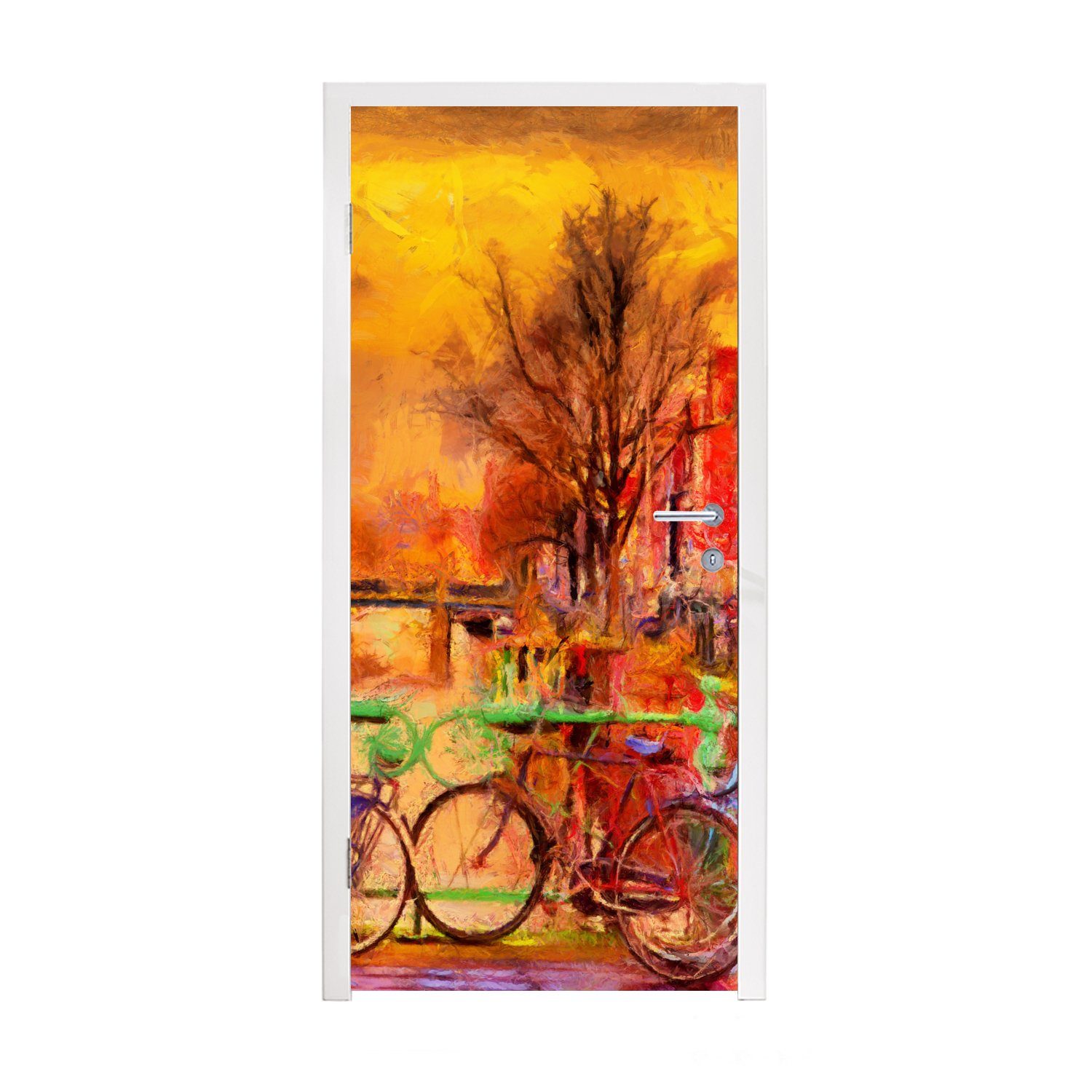 Gemälde Öl, (1 - MuchoWow - für Fahrrad Türaufkleber, 75x205 Türtapete - St), bedruckt, Fototapete - Gracht Tür, cm Matt, Amsterdam